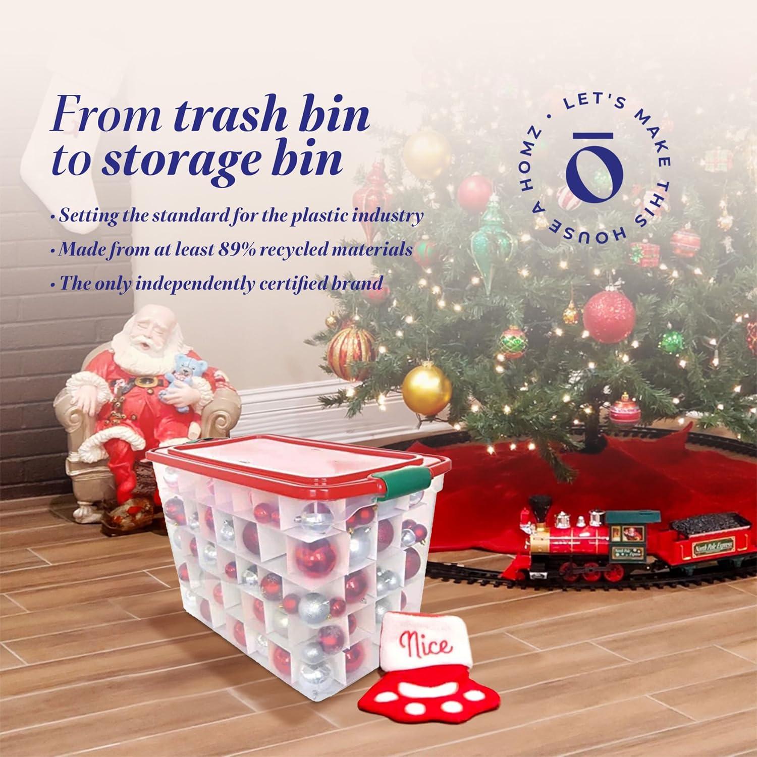imageHOMZ 2Pack Holiday Tote Clear Plastic Storage Bins wLids ampamp Dividers 112 Quart Red  Stackable Organizing Containers for Christmas Ornament Decorations Gift Wraps and Crafts4 Pack