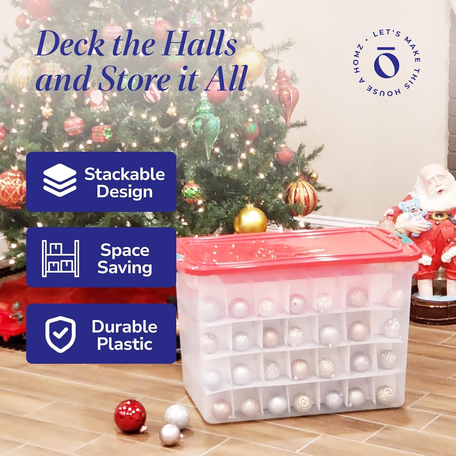 imageHOMZ 2Pack Holiday Tote Clear Plastic Storage Bins wLids ampamp Dividers 112 Quart Red  Stackable Organizing Containers for Christmas Ornament Decorations Gift Wraps and Crafts112 Quart
