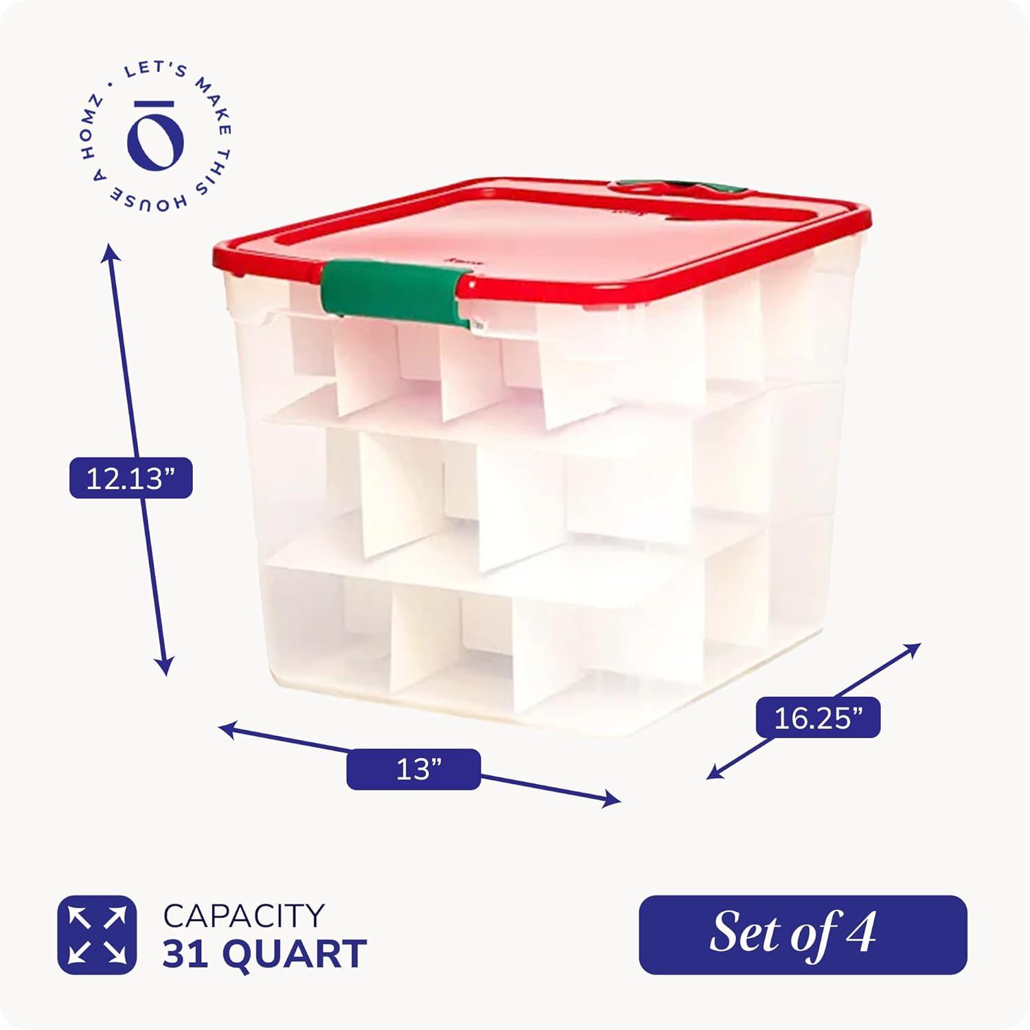 imageHOMZ 2Pack Holiday Tote Clear Plastic Storage Bins wLids ampamp Dividers 112 Quart Red  Stackable Organizing Containers for Christmas Ornament Decorations Gift Wraps and Crafts31 Quart Pack of 4