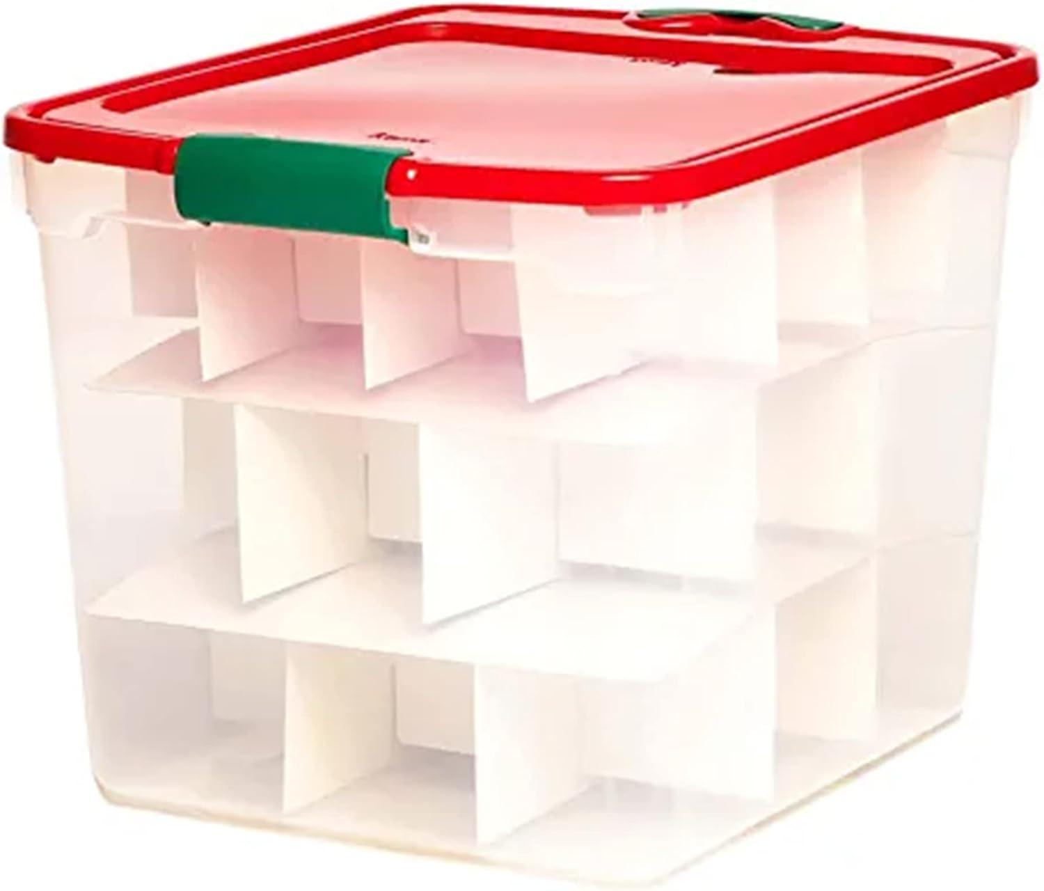 imageHOMZ 2Pack Holiday Tote Clear Plastic Storage Bins wLids ampamp Dividers 112 Quart Red  Stackable Organizing Containers for Christmas Ornament Decorations Gift Wraps and Crafts31 Quart Pack of 4