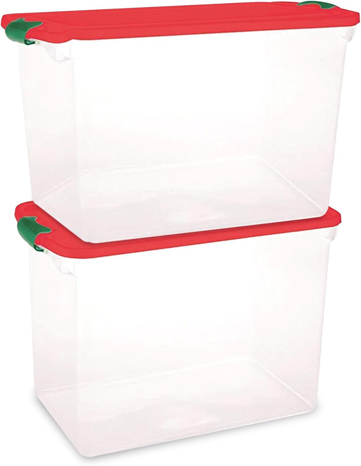 imageHOMZ 2Pack Holiday Tote Clear Plastic Storage Bins wLids ampamp Dividers 112 Quart Red  Stackable Organizing Containers for Christmas Ornament Decorations Gift Wraps and Crafts112 Quart