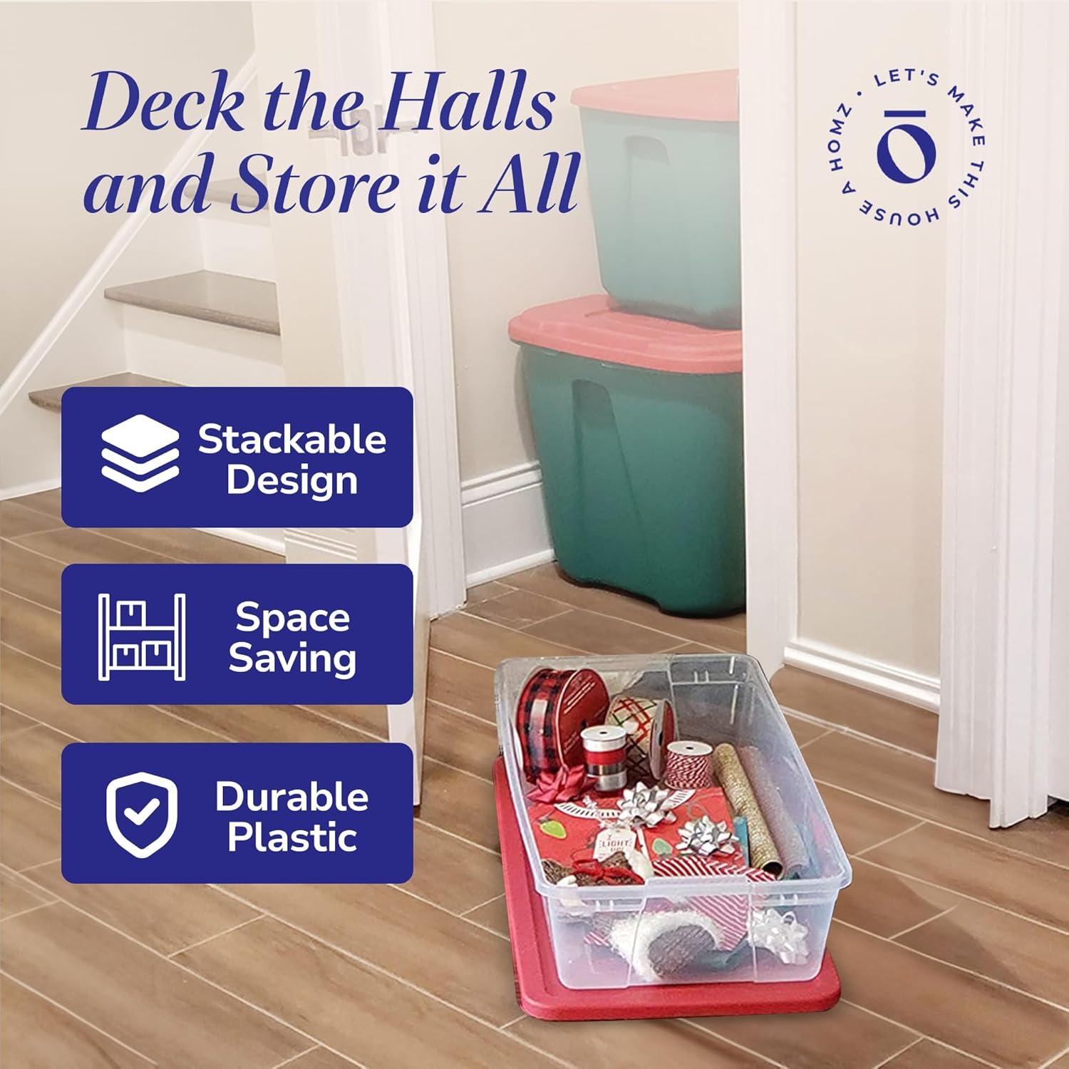 imageHOMZ 2Pack Holiday Tote Clear Plastic Storage Organizer Bins with Lids 41 Quart Red  Stackable Organizing Containers for Christmas Ornament Decorations Gift Wraps and Crafts2 Pack