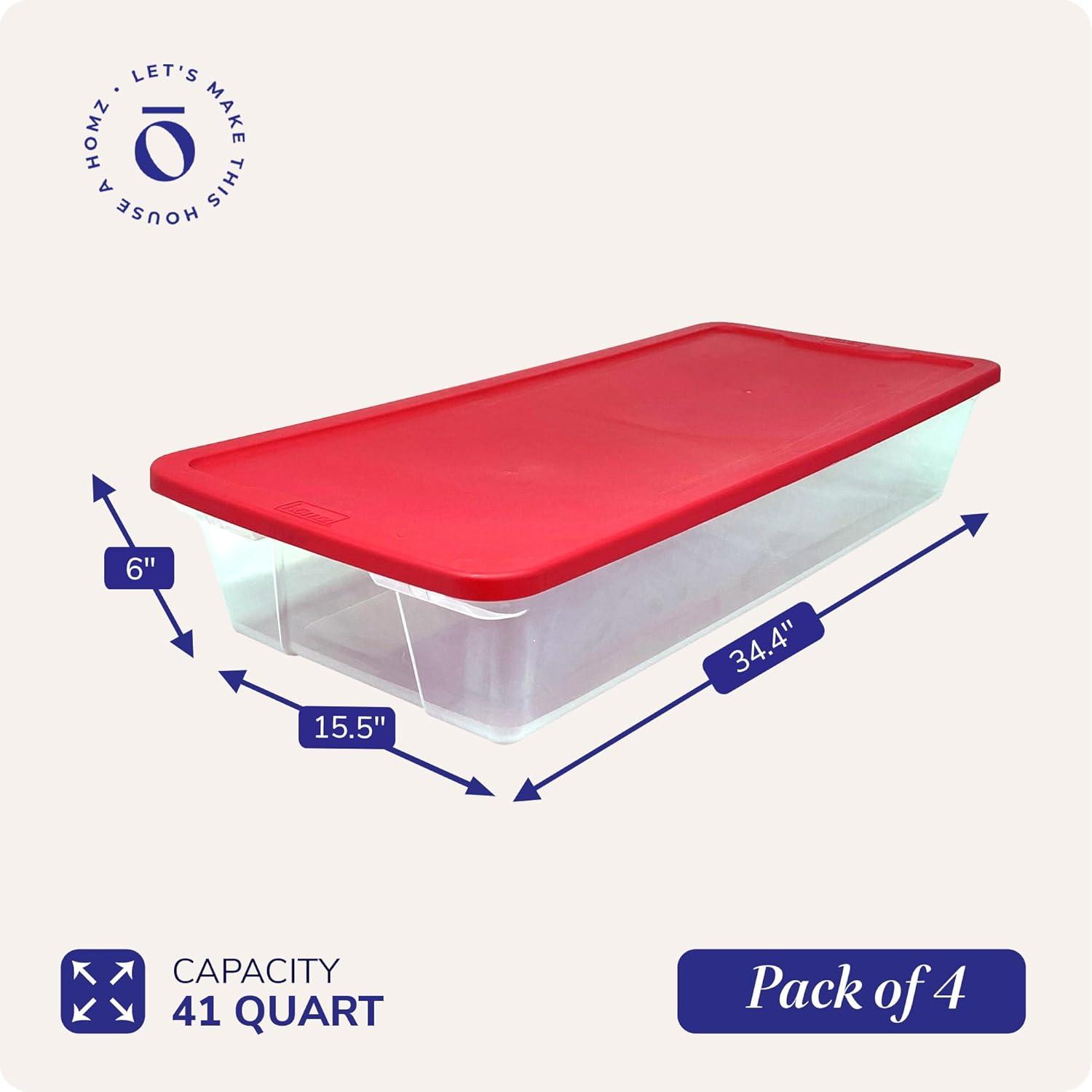 imageHOMZ 2Pack Holiday Tote Clear Plastic Storage Organizer Bins with Lids 41 Quart Red  Stackable Organizing Containers for Christmas Ornament Decorations Gift Wraps and Crafts4 Pack