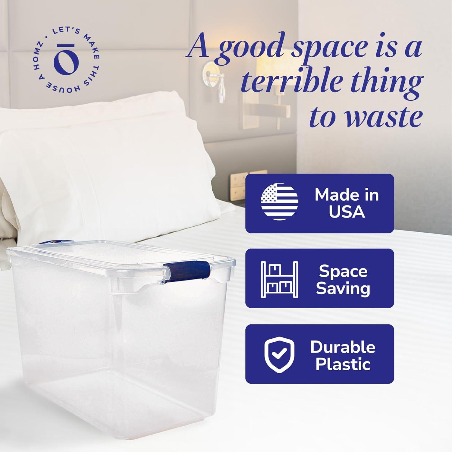 imageHOMZ 2Pack Latching Lid Large Clear Plastic Storage Bins with Lids 66 Quart Blue Latch  Stackable Container Boxes for Home Bathroom and Office OrganizationBlue