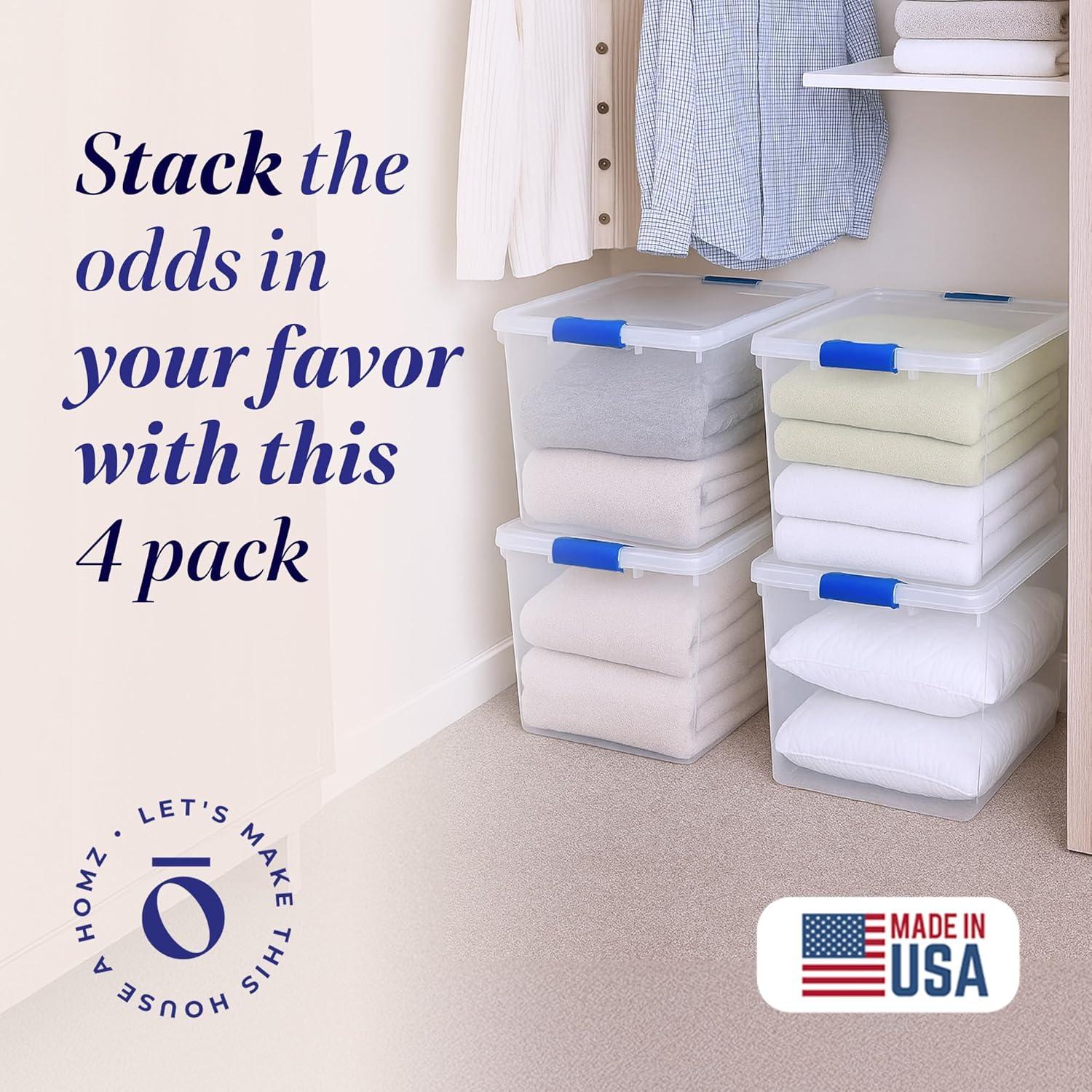 imageHOMZ 2Pack Latching Lid Large Clear Plastic Storage Bins with Lids 66 Quart Blue Latch  Stackable Container Boxes for Home Bathroom and Office OrganizationBlue