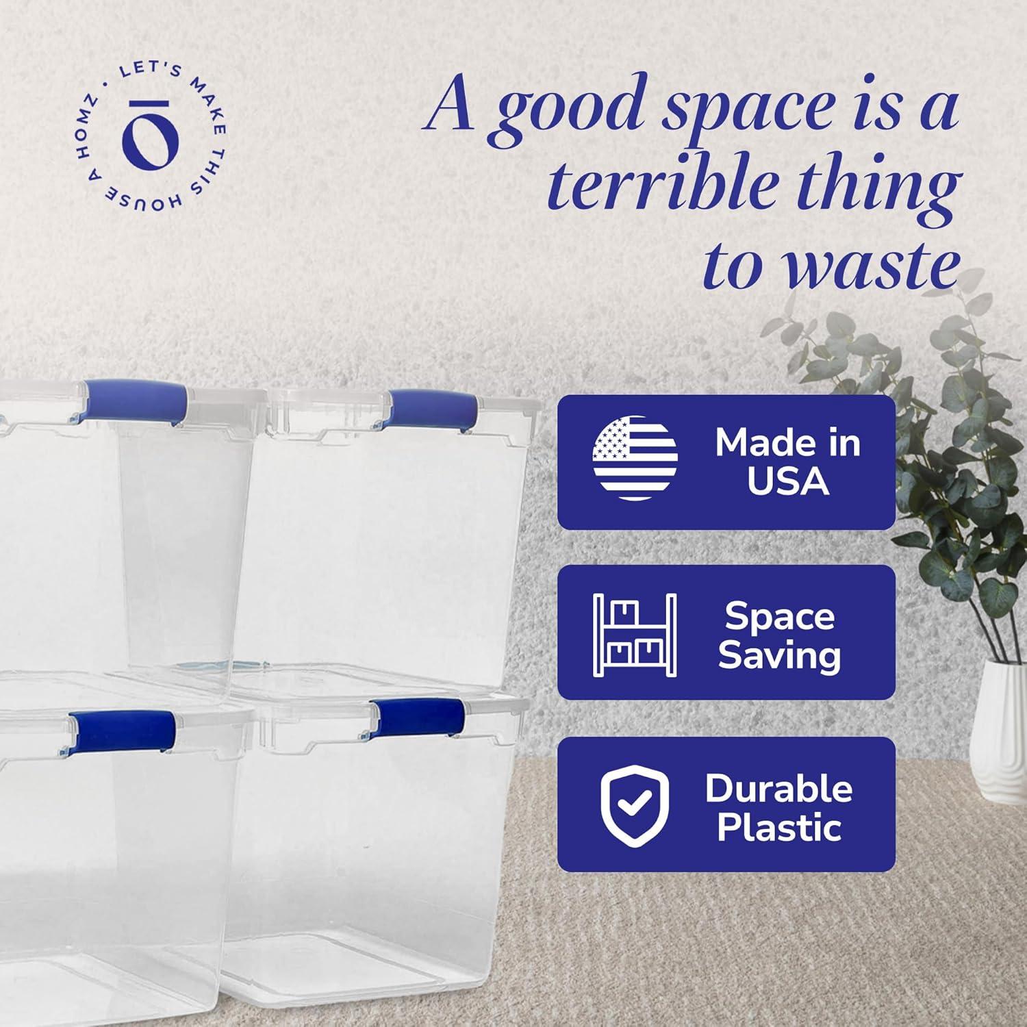 imageHOMZ 2Pack Latching Lid Large Clear Plastic Storage Bins with Lids 66 Quart Blue Latch  Stackable Container Boxes for Home Bathroom and Office OrganizationBlue