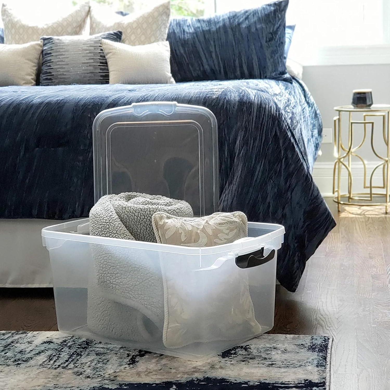 imageHOMZ 2Pack Latching Lid Large Clear Plastic Storage Bins with Lids 66 Quart Blue Latch  Stackable Container Boxes for Home Bathroom and Office OrganizationGray