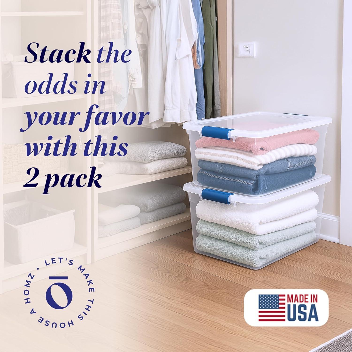 imageHOMZ 2Pack Latching Lid Large Clear Plastic Storage Bins with Lids 66 Quart Blue Latch  Stackable Container Boxes for Home Bathroom and Office OrganizationBlue