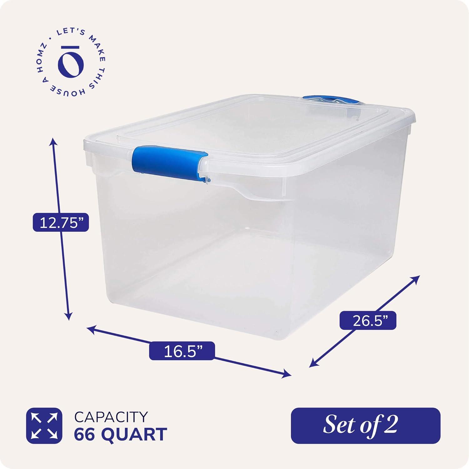 imageHOMZ 2Pack Latching Lid Large Clear Plastic Storage Bins with Lids 66 Quart Blue Latch  Stackable Container Boxes for Home Bathroom and Office OrganizationBlue