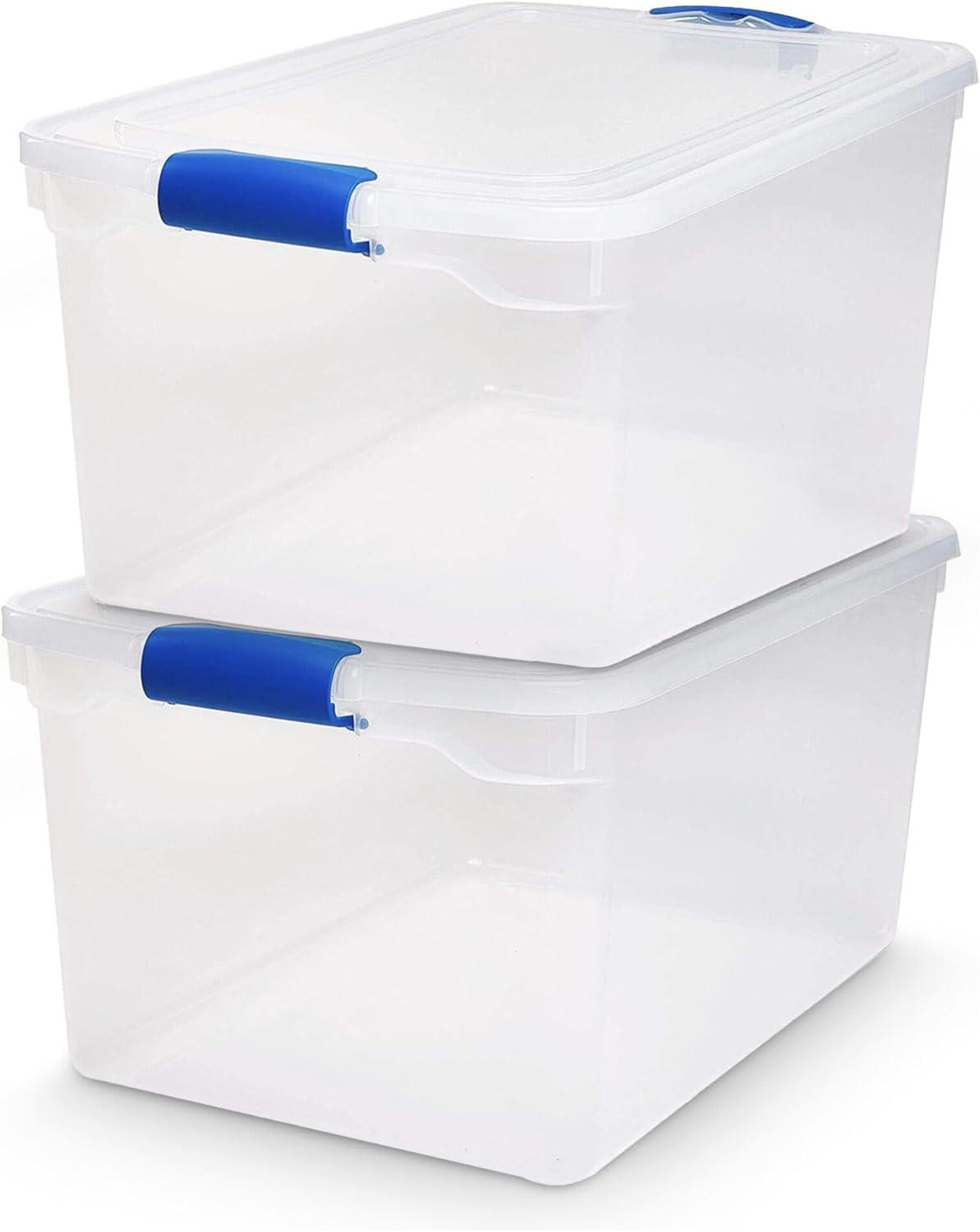 imageHOMZ 2Pack Latching Lid Large Clear Plastic Storage Bins with Lids 66 Quart Blue Latch  Stackable Container Boxes for Home Bathroom and Office OrganizationBlue