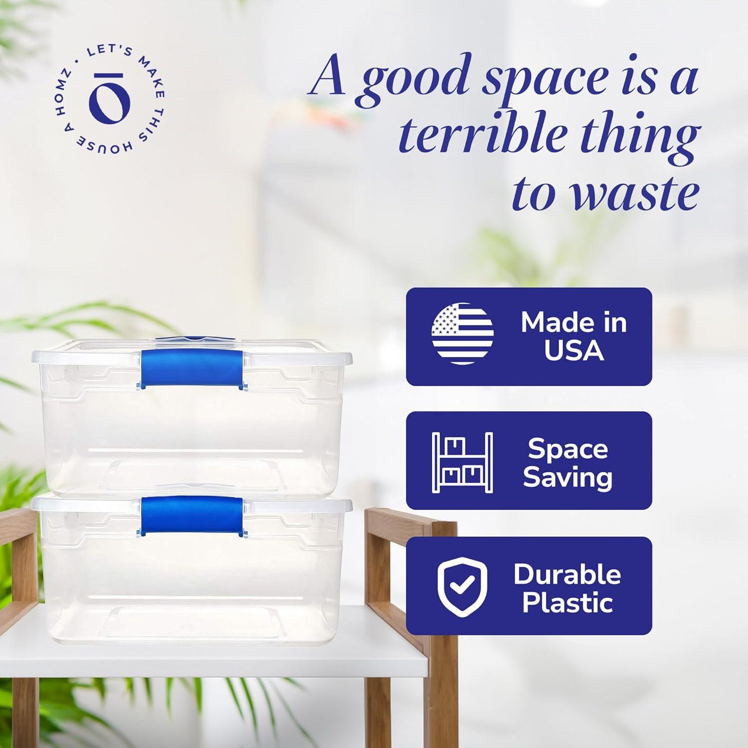 imageHOMZ 2Pack Latching Lid Large Clear Plastic Storage Bins with Lids 66 Quart Blue Latch  Stackable Container Boxes for Home Bathroom and Office OrganizationBlue