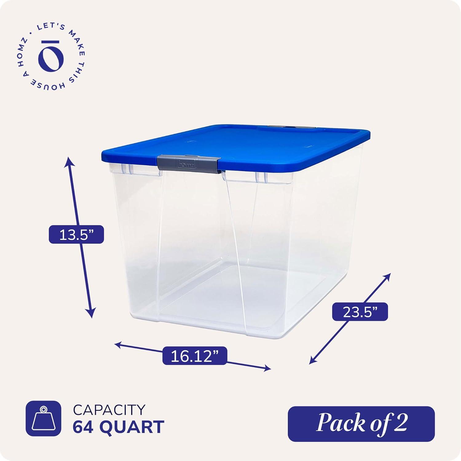 imageHOMZ 2Pack Secure Latch Clear Plastic Storage Organizer Bins 64 Quart Gray Lid  HeavyDuty Container Boxes with Lids for Home Office and GarageBlue Lid
