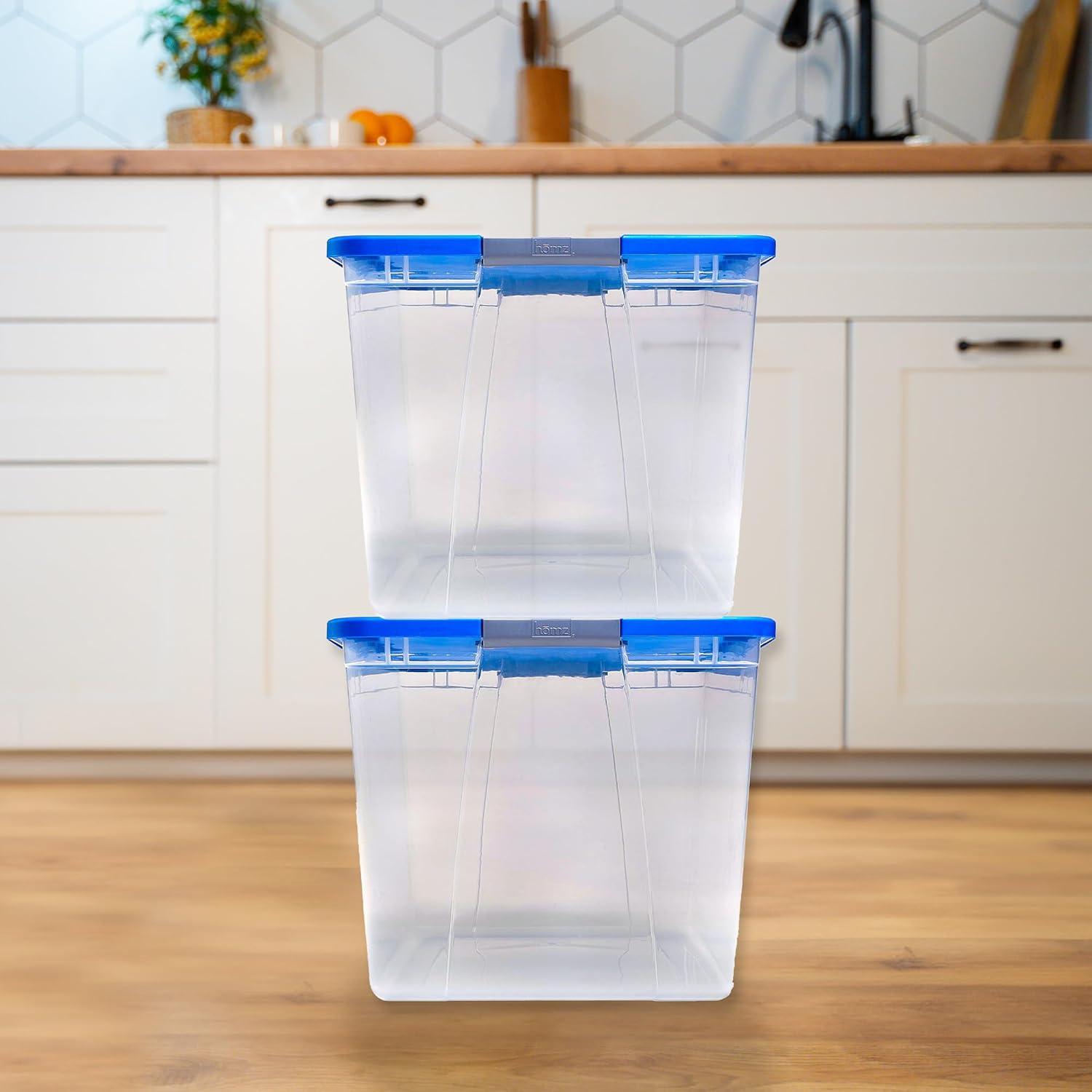 imageHOMZ 2Pack Secure Latch Clear Plastic Storage Organizer Bins 64 Quart Gray Lid  HeavyDuty Container Boxes with Lids for Home Office and GarageBlue Lid