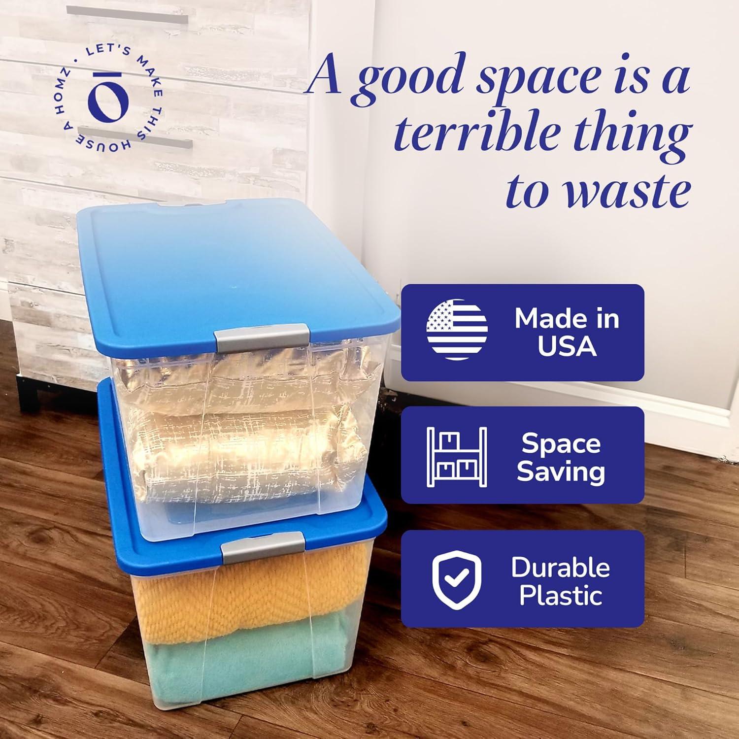 imageHOMZ 2Pack Secure Latch Clear Plastic Storage Organizer Bins 64 Quart Gray Lid  HeavyDuty Container Boxes with Lids for Home Office and GarageBlue Lid