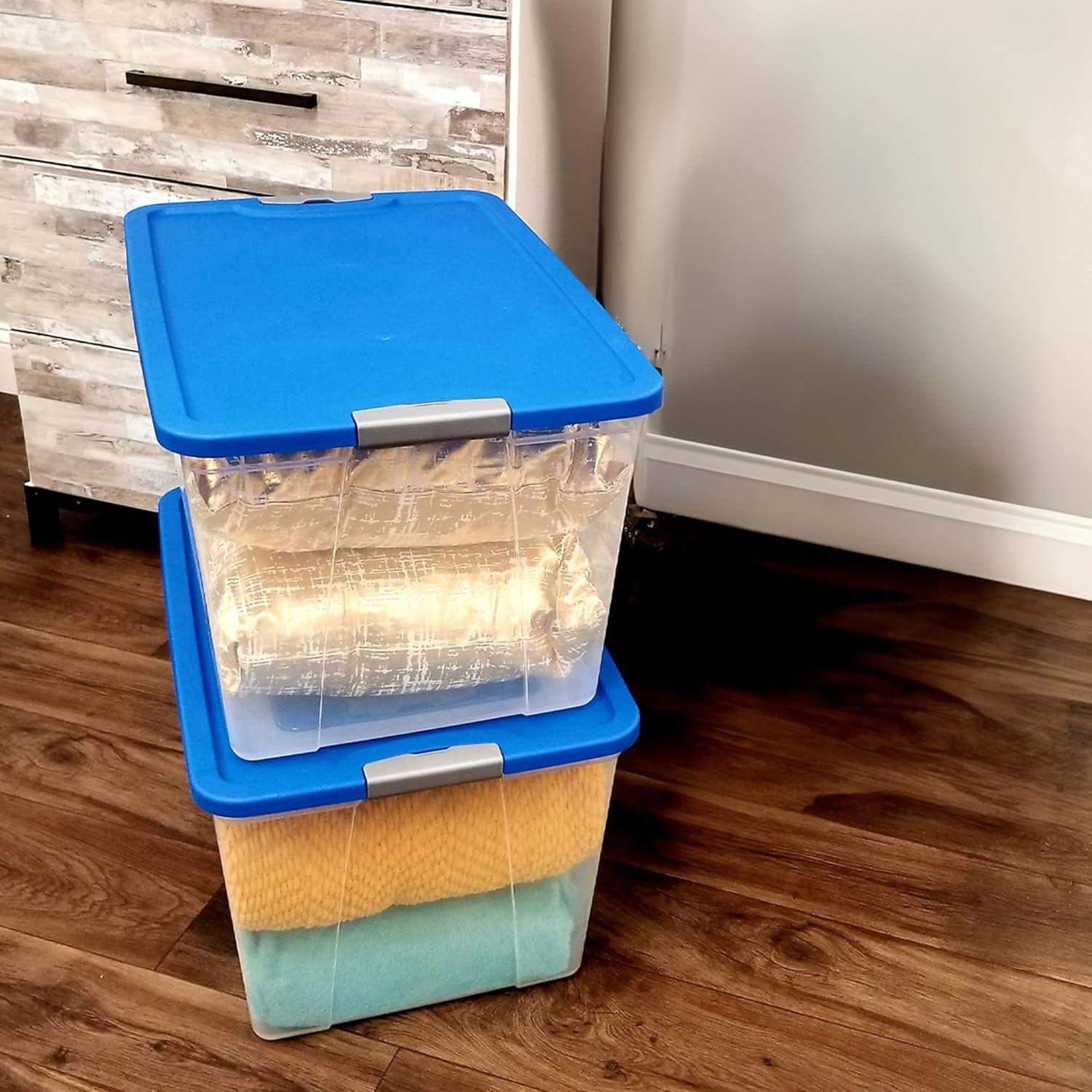 imageHOMZ 2Pack Secure Latch Clear Plastic Storage Organizer Bins 64 Quart Gray Lid  HeavyDuty Container Boxes with Lids for Home Office and GarageBlue Lid