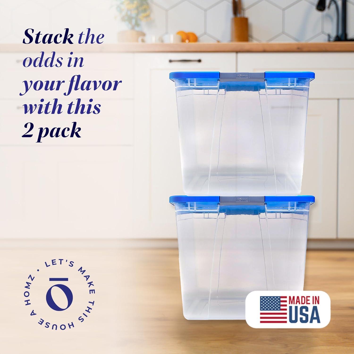 imageHOMZ 2Pack Secure Latch Clear Plastic Storage Organizer Bins 64 Quart Gray Lid  HeavyDuty Container Boxes with Lids for Home Office and GarageBlue Lid