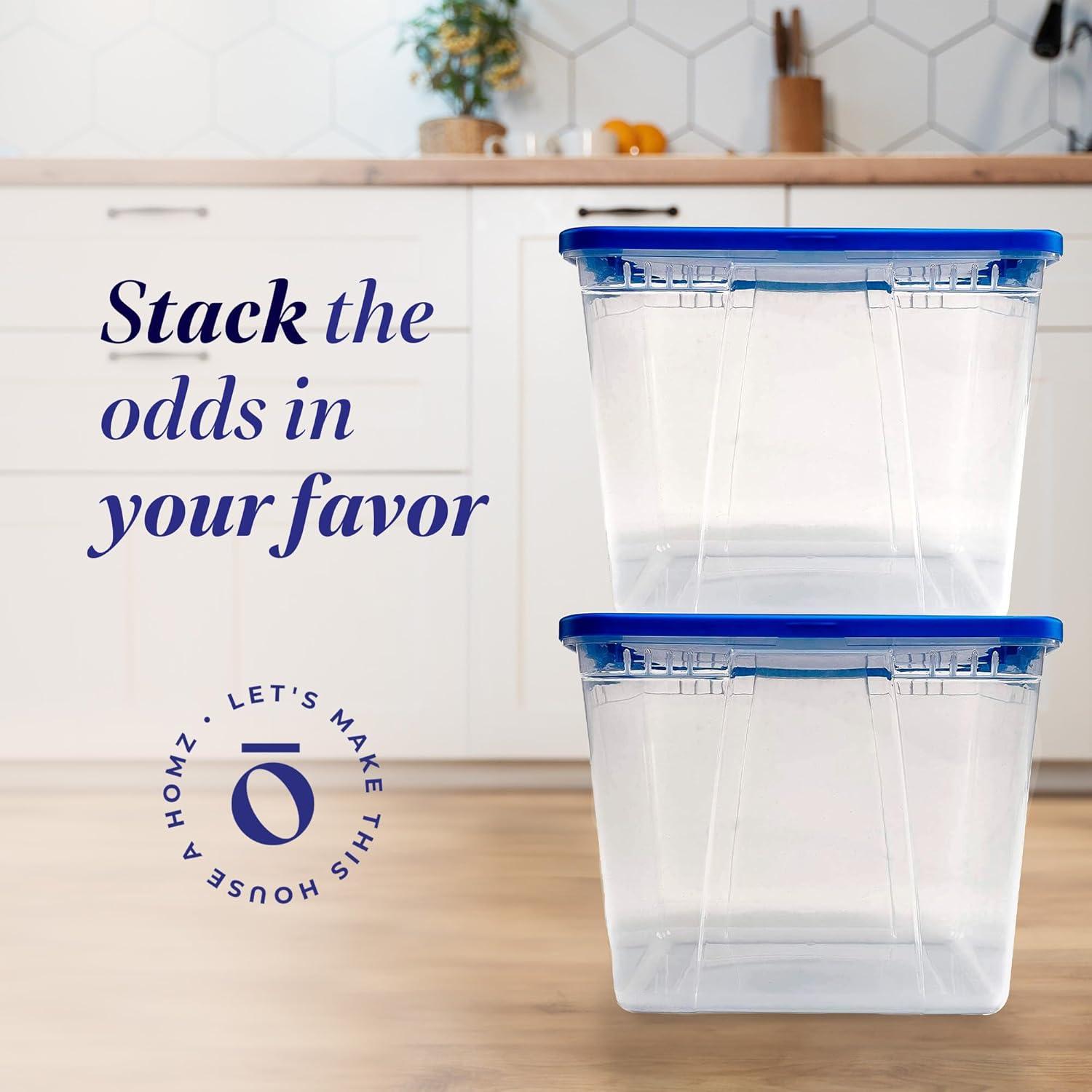 imageHOMZ 2Pack Snaplock Large Clear Plastic Storage Organizer Bins wLids 56 Quart White  Stackable Container Boxes for Bedroom Bathroom Garage and Office OrganizationBlue Lid