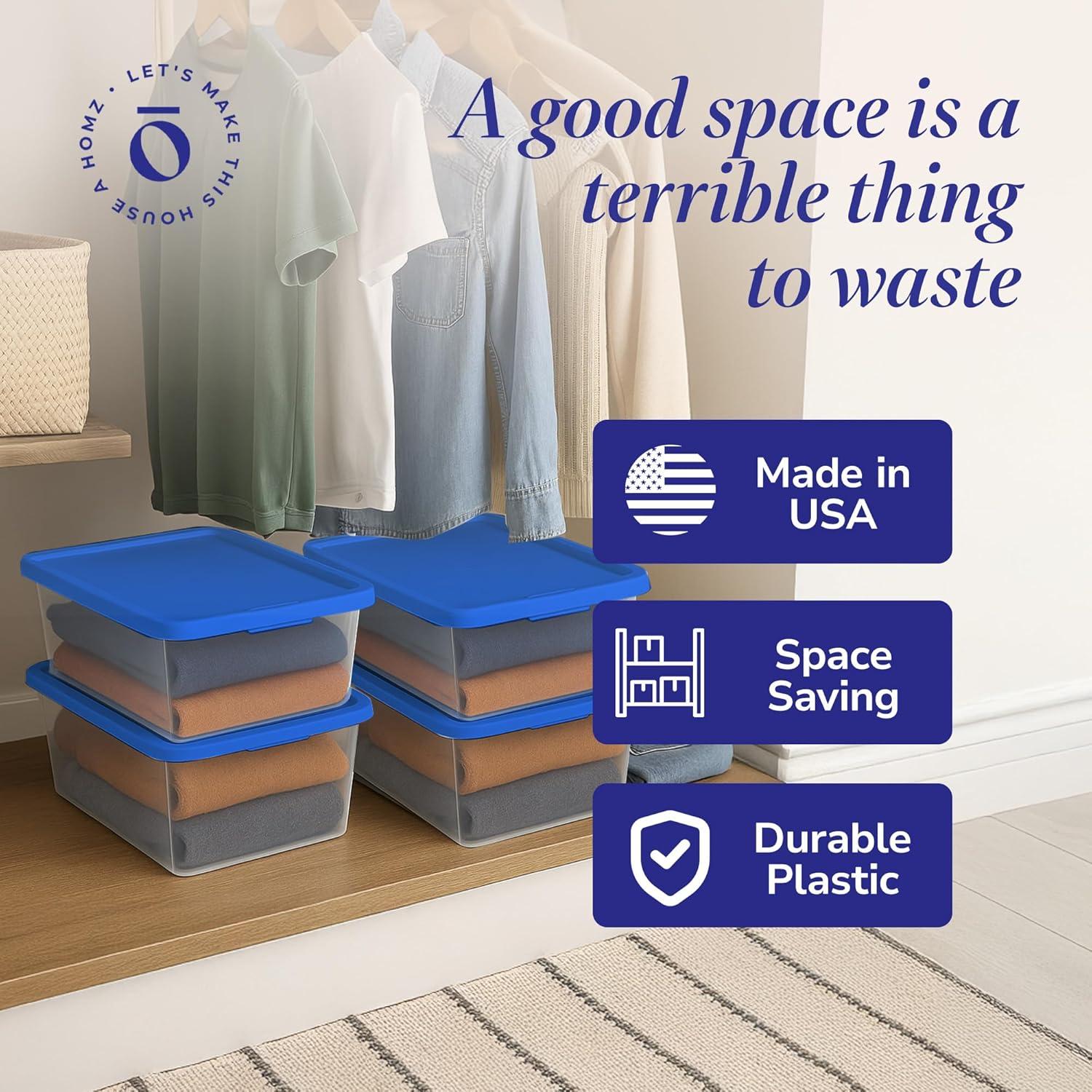 imageHOMZ 2Pack Snaplock Large Clear Plastic Storage Organizer Bins wLids 56 Quart White  Stackable Container Boxes for Bedroom Bathroom Garage and Office OrganizationBlue Lid