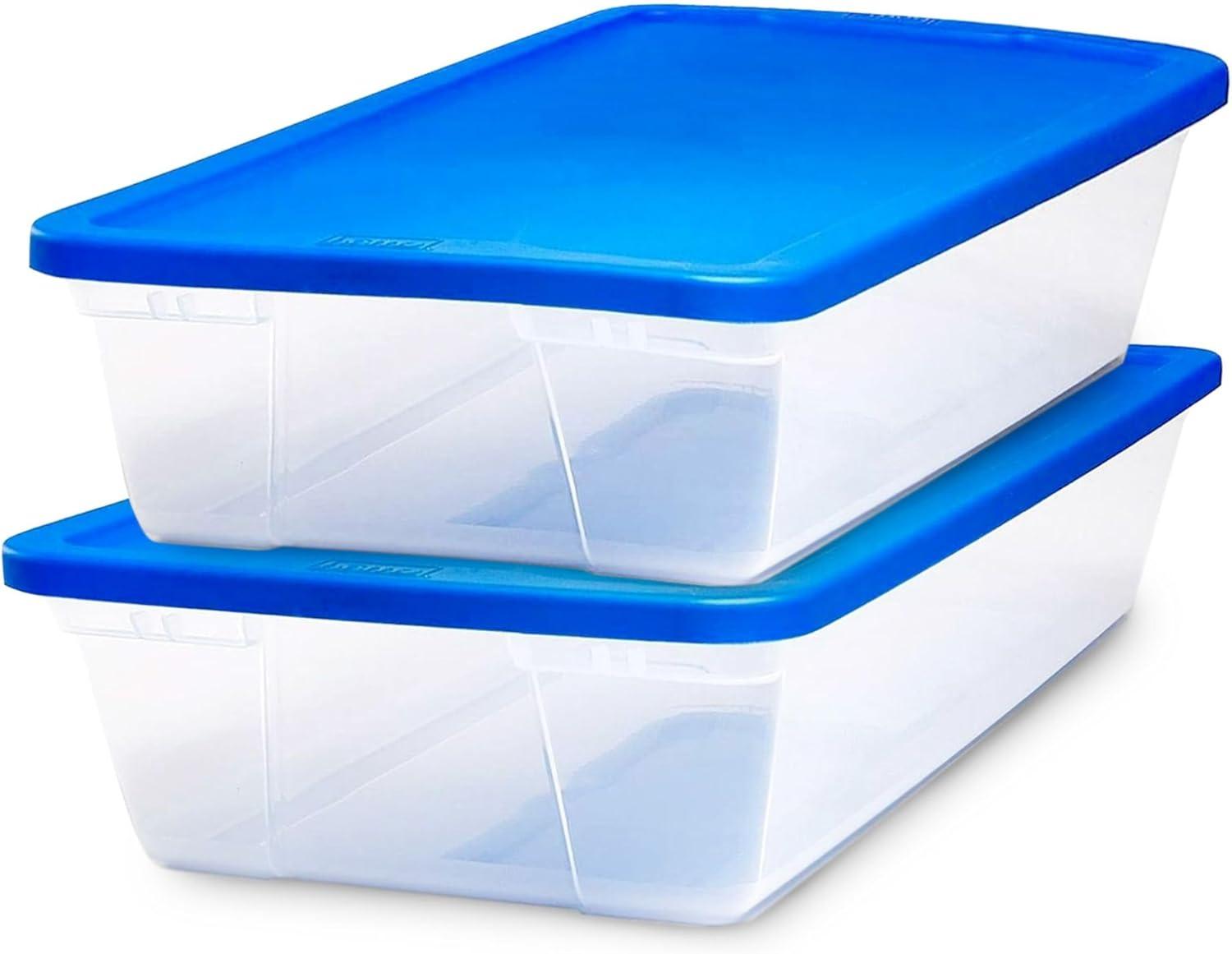 imageHOMZ 2Pack Snaplock Large Clear Plastic Storage Organizer Bins wLids 56 Quart White  Stackable Container Boxes for Bedroom Bathroom Garage and Office OrganizationBlue Lid