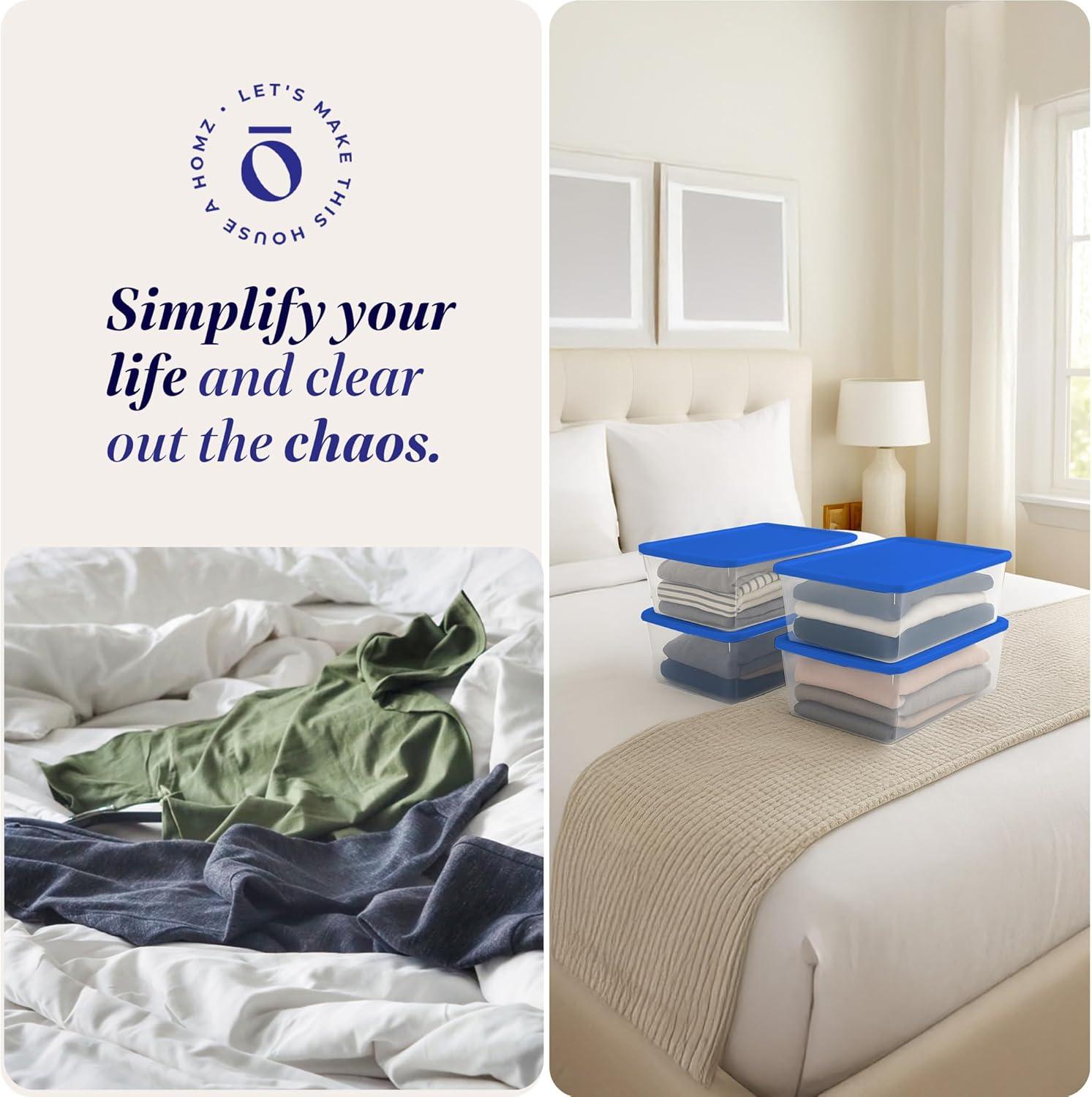 imageHOMZ 2Pack Snaplock Large Clear Plastic Storage Organizer Bins wLids 56 Quart White  Stackable Container Boxes for Bedroom Bathroom Garage and Office OrganizationBlue Lid