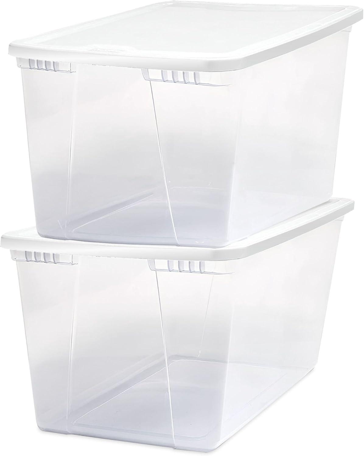 imageHOMZ 2Pack Snaplock Large Clear Plastic Storage Organizer Bins wLids 56 Quart White  Stackable Container Boxes for Bedroom Bathroom Garage and Office OrganizationWhite Lid