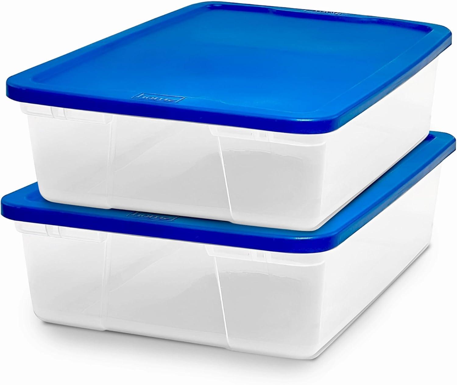 imageHOMZ 2Pack Snaplock Large Clear Plastic Storage Organizer Bins wLids 56 Quart White  Stackable Container Boxes for Bedroom Bathroom Garage and Office OrganizationBlue Lid