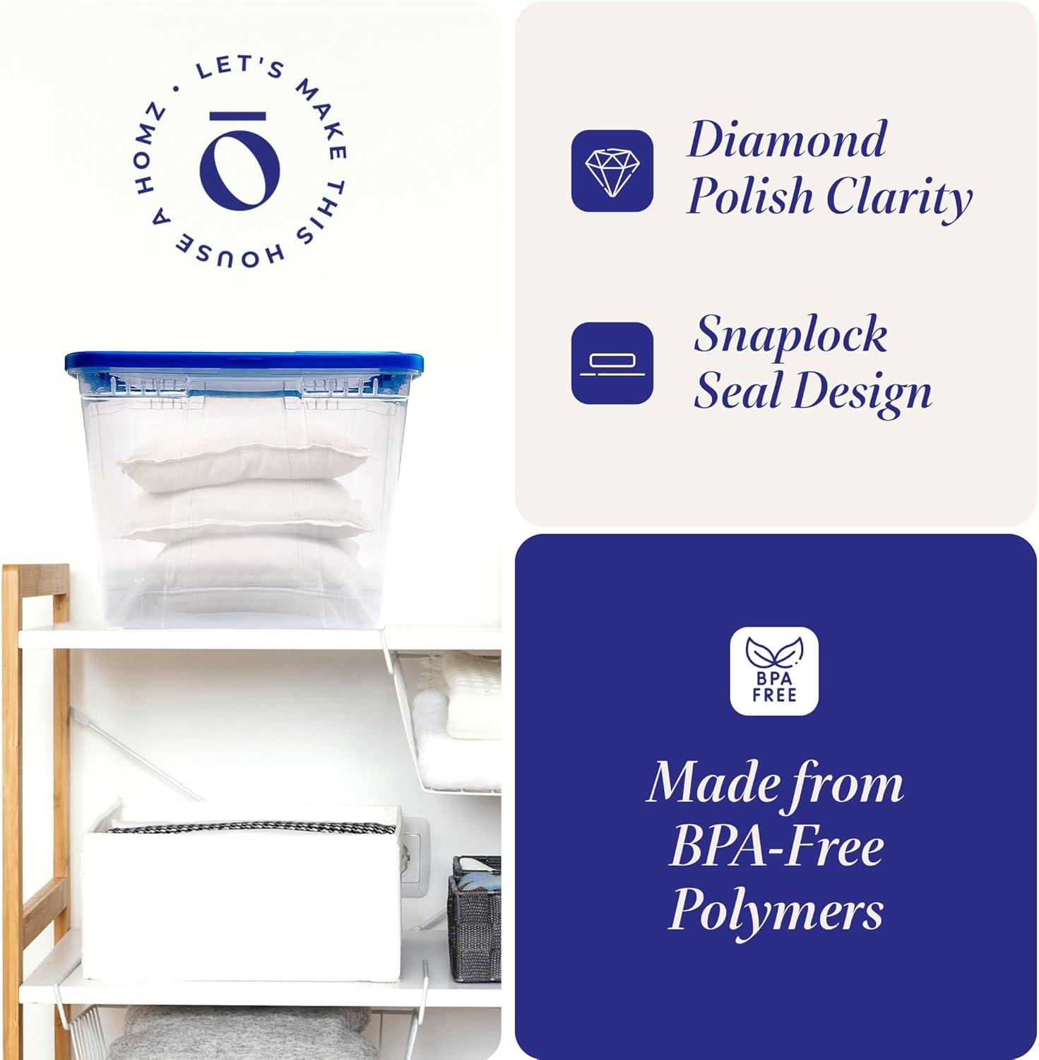 imageHOMZ 2Pack Snaplock Large Clear Plastic Storage Organizer Bins wLids 56 Quart White  Stackable Container Boxes for Bedroom Bathroom Garage and Office OrganizationBlue Lid