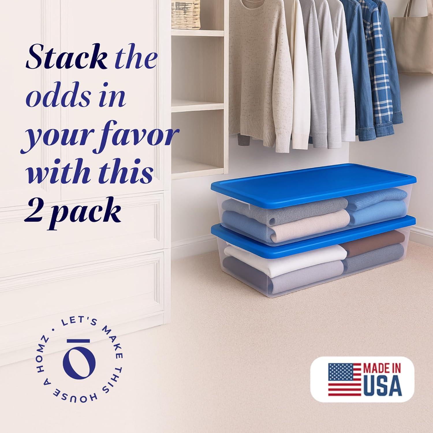 imageHOMZ 2Pack Snaplock Large Clear Plastic Storage Organizer Bins wLids 56 Quart White  Stackable Container Boxes for Bedroom Bathroom Garage and Office OrganizationBlue Lid