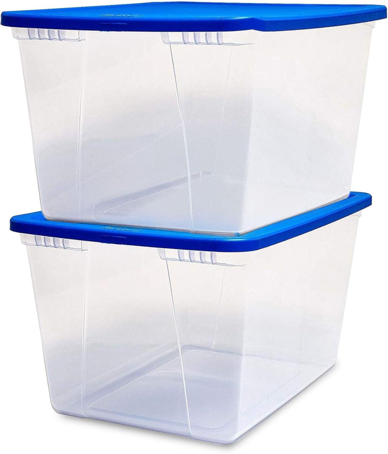 imageHOMZ 2Pack Snaplock Large Clear Plastic Storage Organizer Bins wLids 56 Quart White  Stackable Container Boxes for Bedroom Bathroom Garage and Office OrganizationBlue Lid