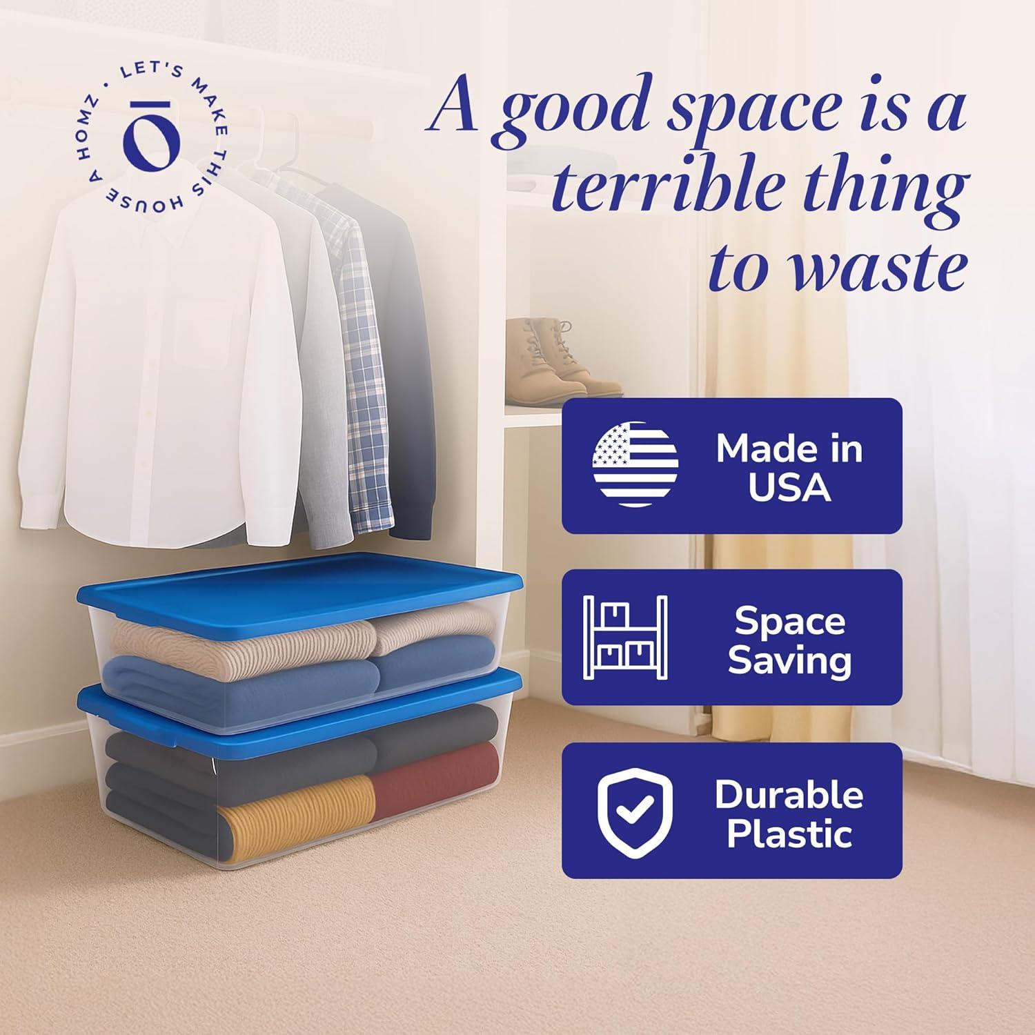 imageHOMZ 2Pack Snaplock Large Clear Plastic Storage Organizer Bins wLids 56 Quart White  Stackable Container Boxes for Bedroom Bathroom Garage and Office OrganizationBlue Lid