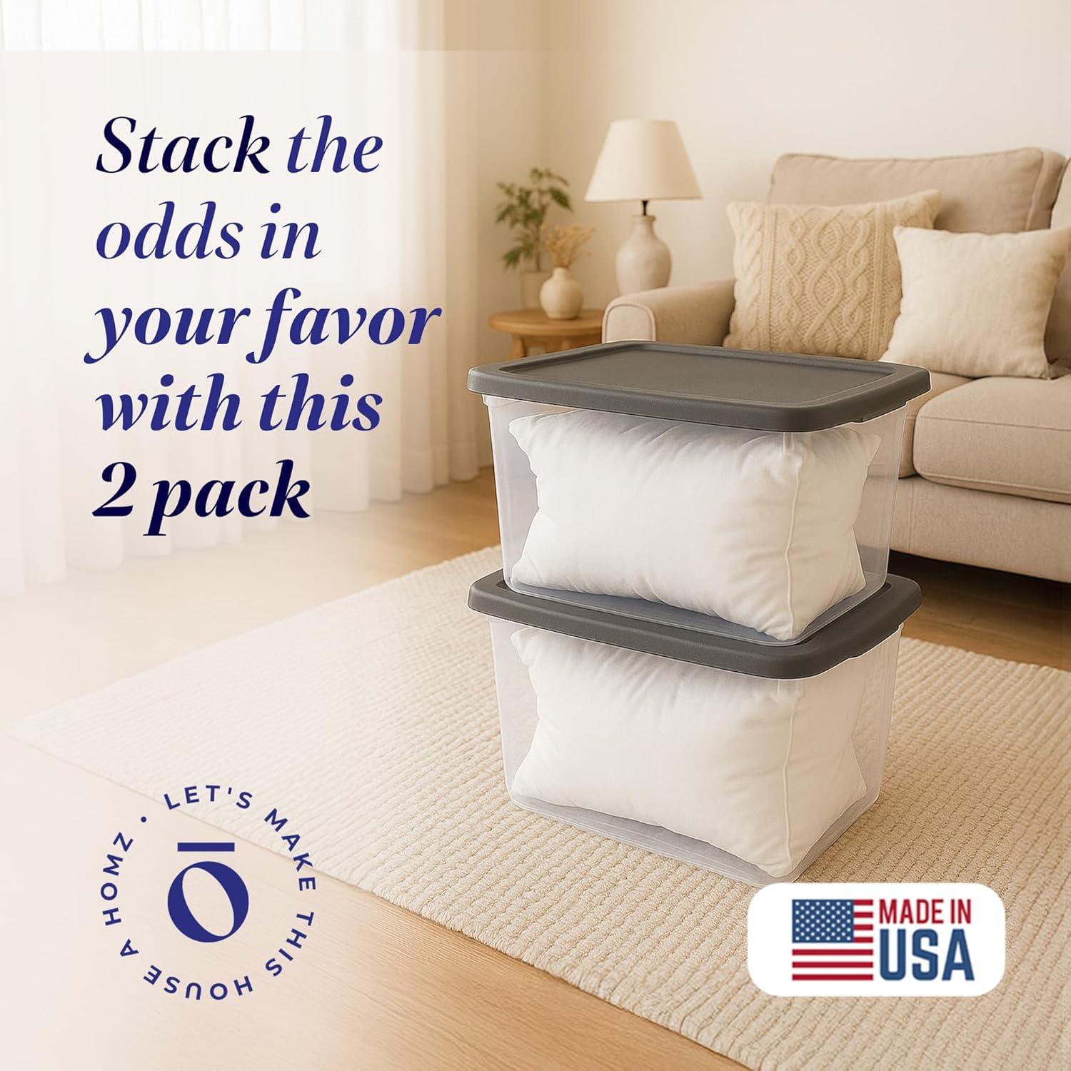 imageHOMZ 2Pack Snaplock Large Clear Plastic Storage Organizer Bins wLids 56 Quart White  Stackable Container Boxes for Bedroom Bathroom Garage and Office OrganizationGray Lid