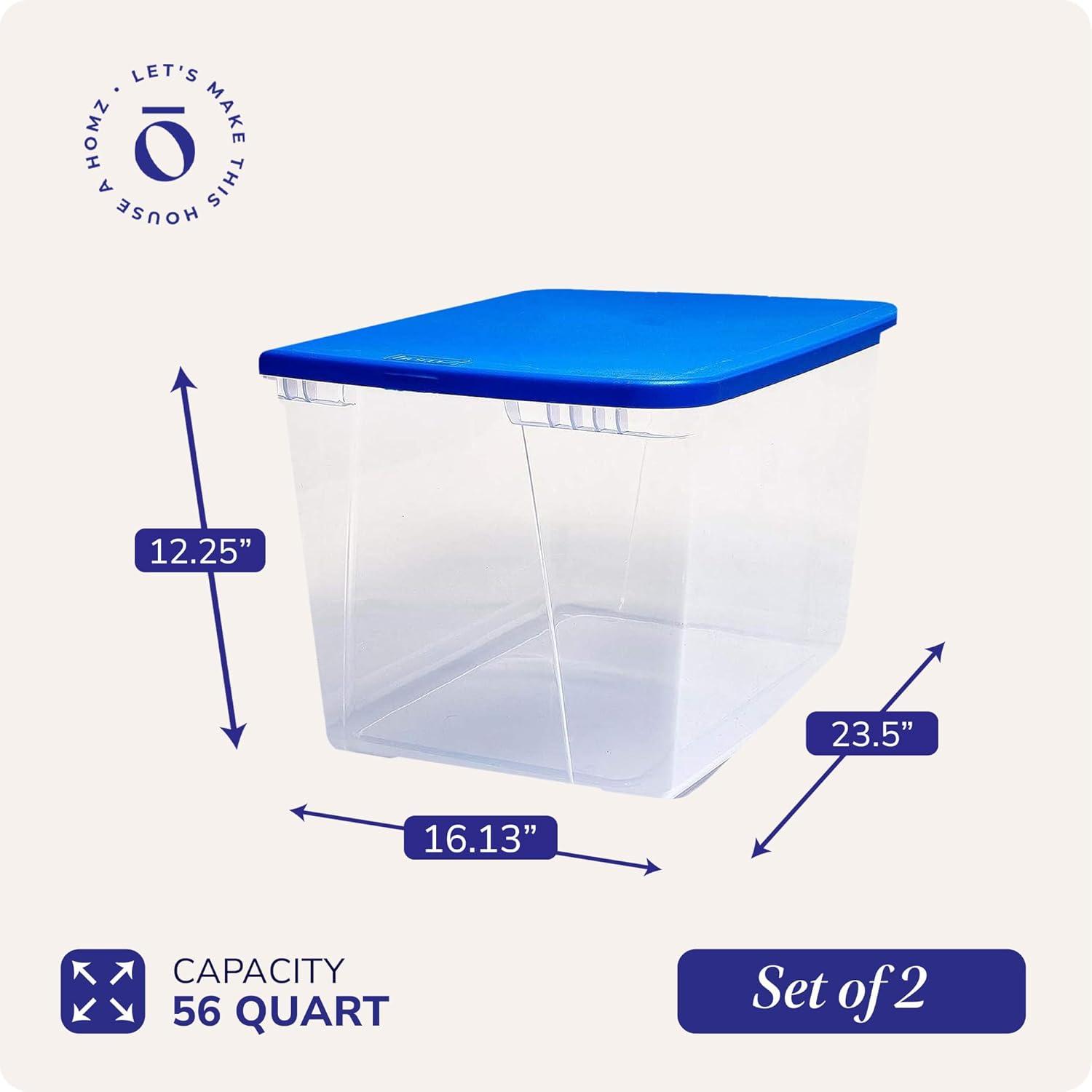 imageHOMZ 2Pack Snaplock Large Clear Plastic Storage Organizer Bins wLids 56 Quart White  Stackable Container Boxes for Bedroom Bathroom Garage and Office OrganizationBlue Lid