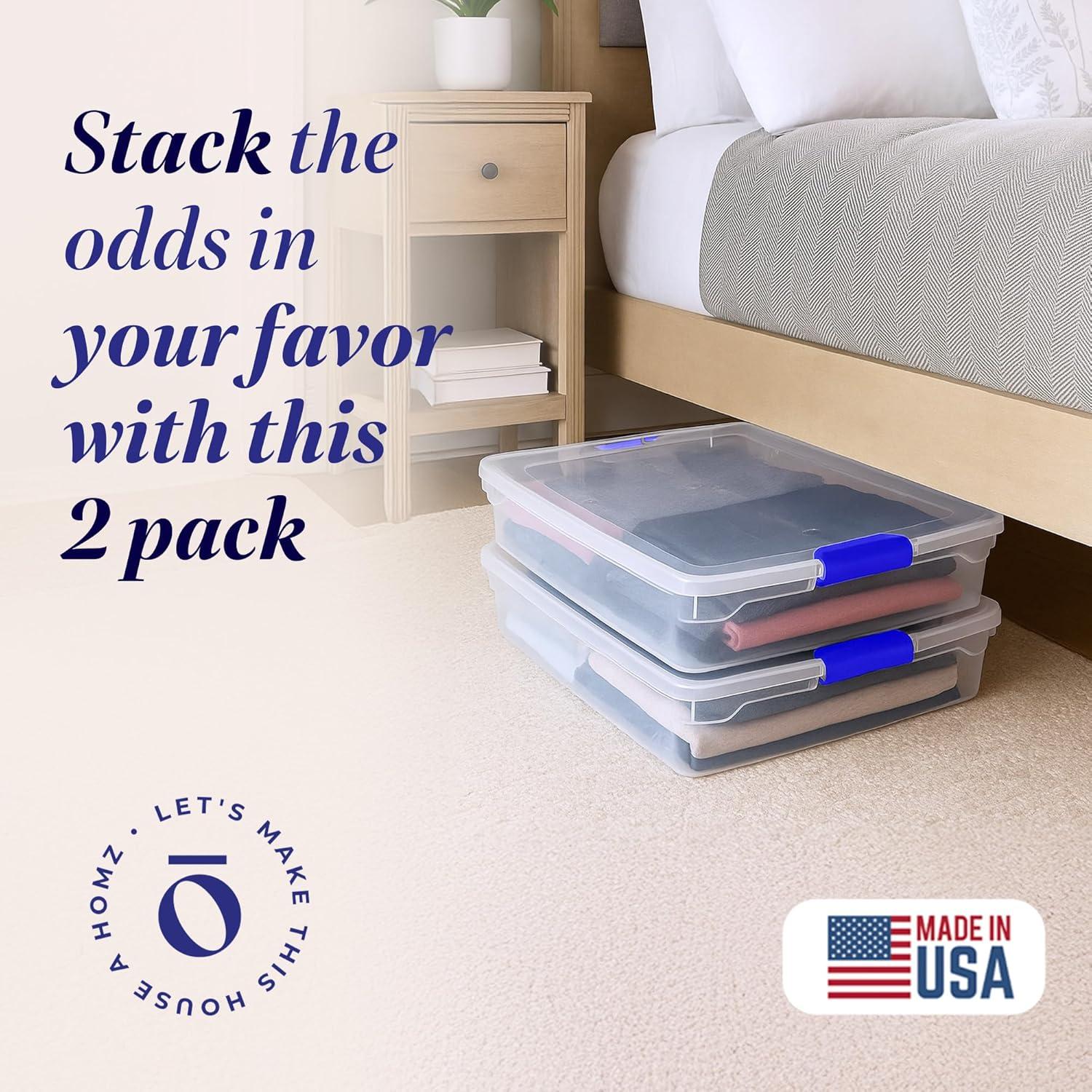 imageHOMZ 2Pack Under Bed Storage Clear Plastic Containers with Lids 56 Quart Gray Latch  Stackable Underbed Organizer Bins for Shoes Bags Clothes and TowelsBlue