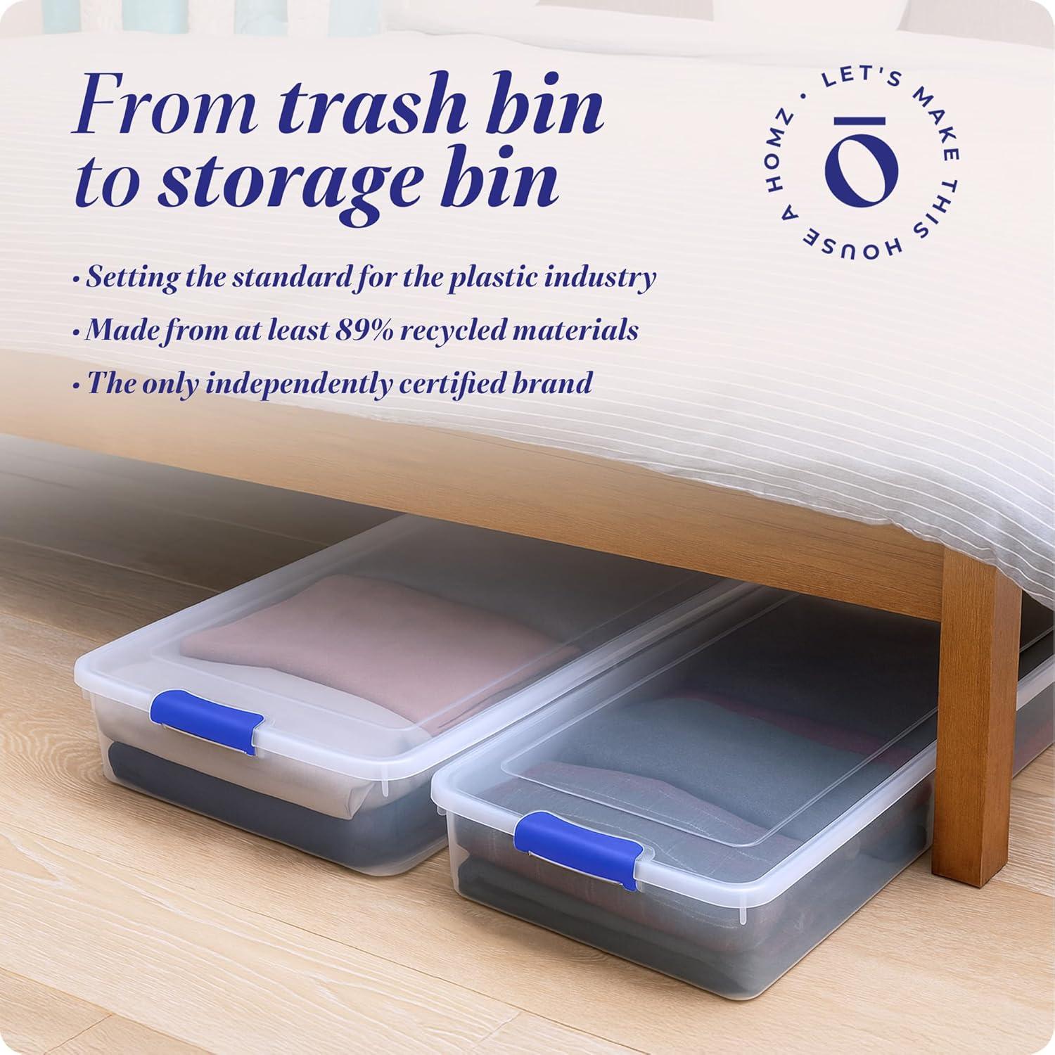 imageHOMZ 2Pack Under Bed Storage Clear Plastic Containers with Lids 56 Quart Gray Latch  Stackable Underbed Organizer Bins for Shoes Bags Clothes and TowelsBlue