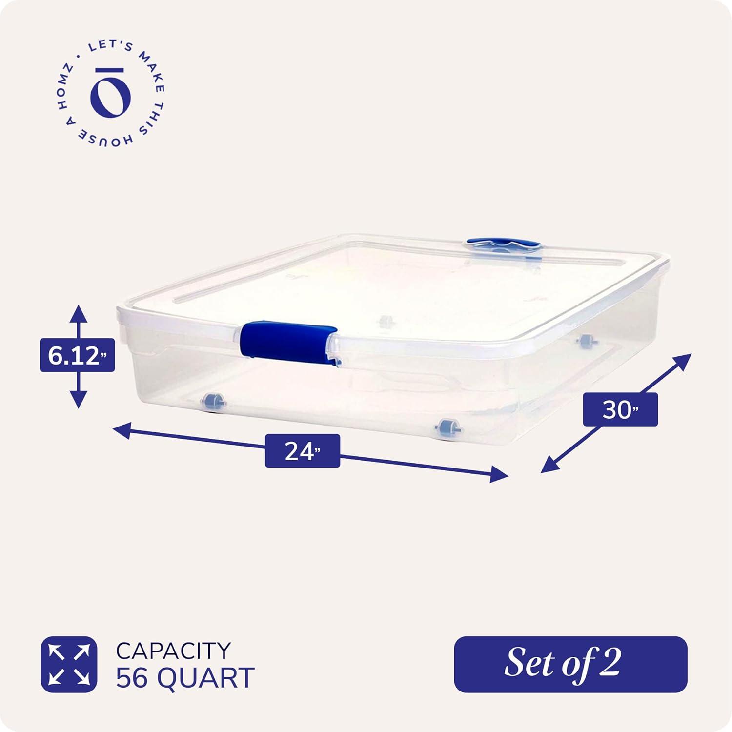 imageHOMZ 2Pack Under Bed Storage Clear Plastic Containers with Lids 56 Quart Gray Latch  Stackable Underbed Organizer Bins for Shoes Bags Clothes and TowelsBlue