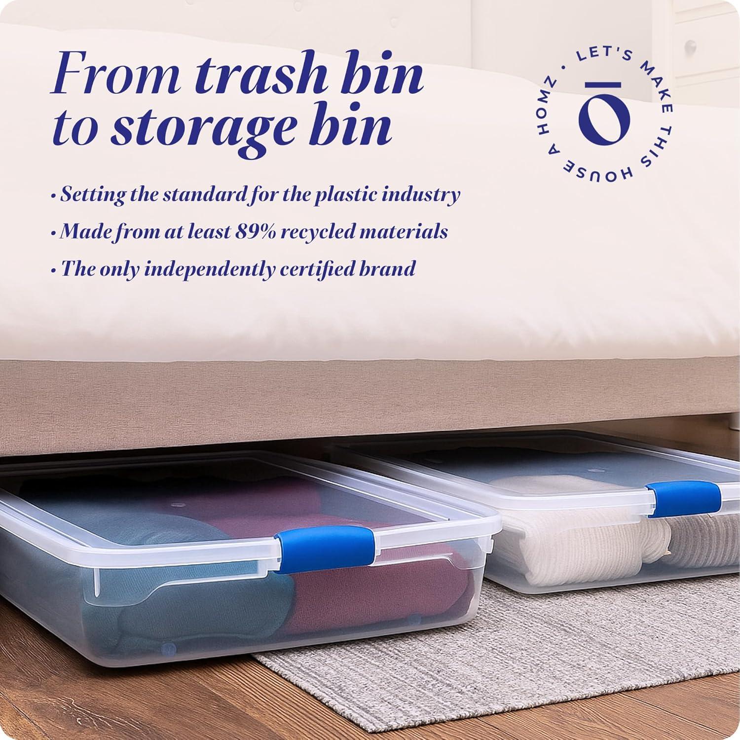 imageHOMZ 2Pack Under Bed Storage Clear Plastic Containers with Lids 56 Quart Gray Latch  Stackable Underbed Organizer Bins for Shoes Bags Clothes and TowelsBlue