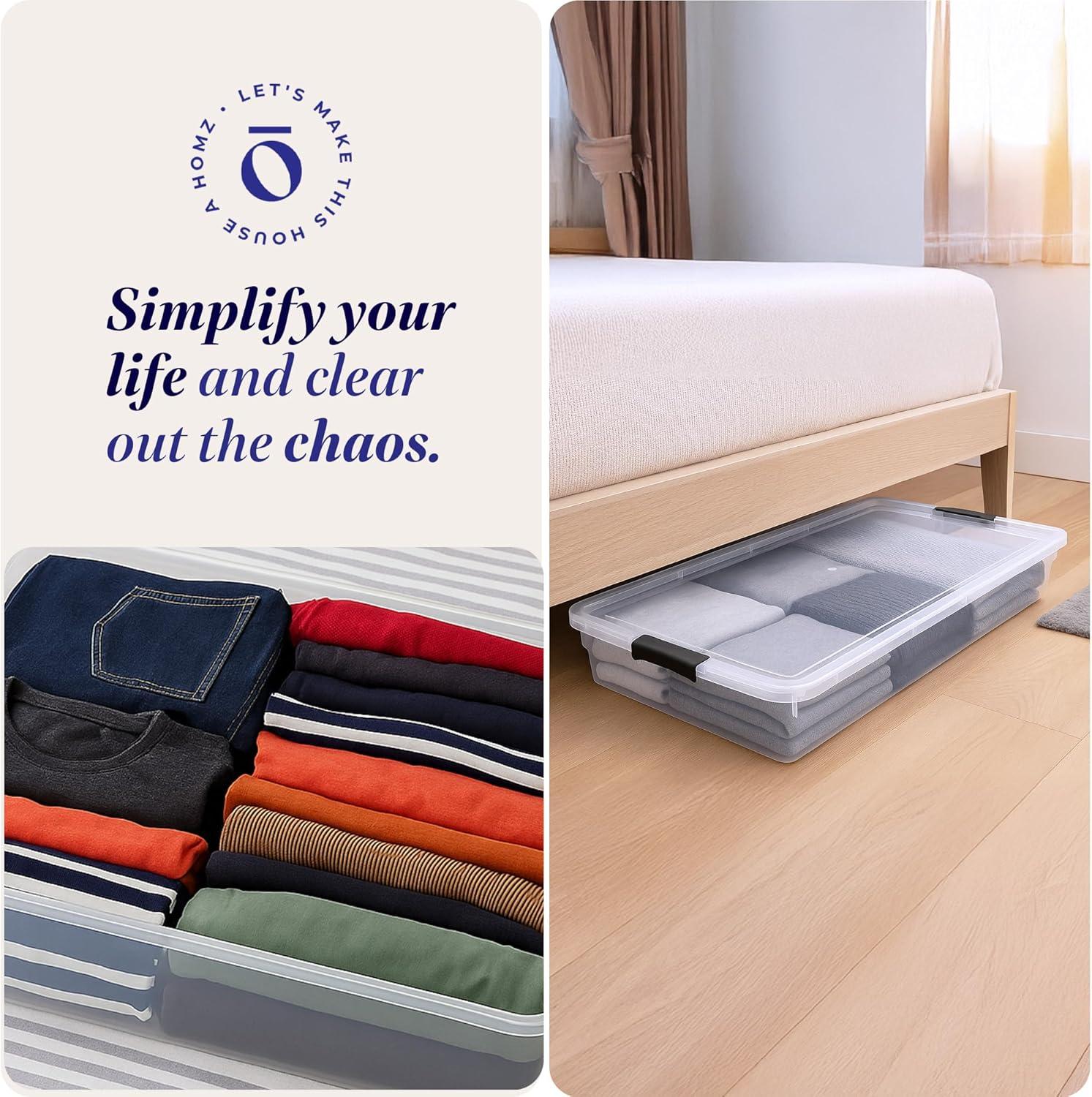 imageHOMZ 2Pack Under Bed Storage Clear Plastic Containers with Lids 56 Quart Gray Latch  Stackable Underbed Organizer Bins for Shoes Bags Clothes and TowelsGrey