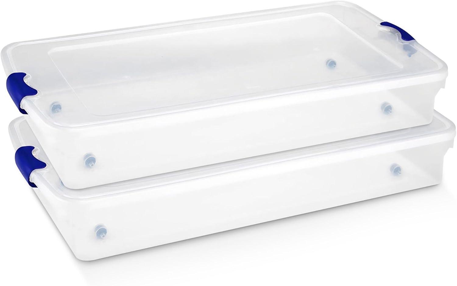 imageHOMZ 2Pack Under Bed Storage Clear Plastic Containers with Lids 56 Quart Gray Latch  Stackable Underbed Organizer Bins for Shoes Bags Clothes and TowelsBlue