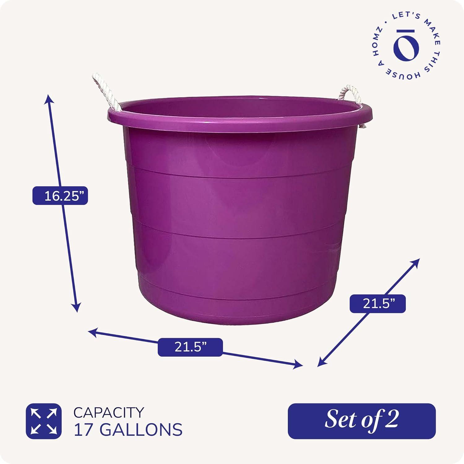 imageHOMZ 2Pack Utility Tub Large Plastic Storage Bucket with Rope Handles 17 Gallon Black  Portable Indoor and Outdoor Buckets for Kitchen Laundry Garden Bathroom and Garage OrganizationOrchid