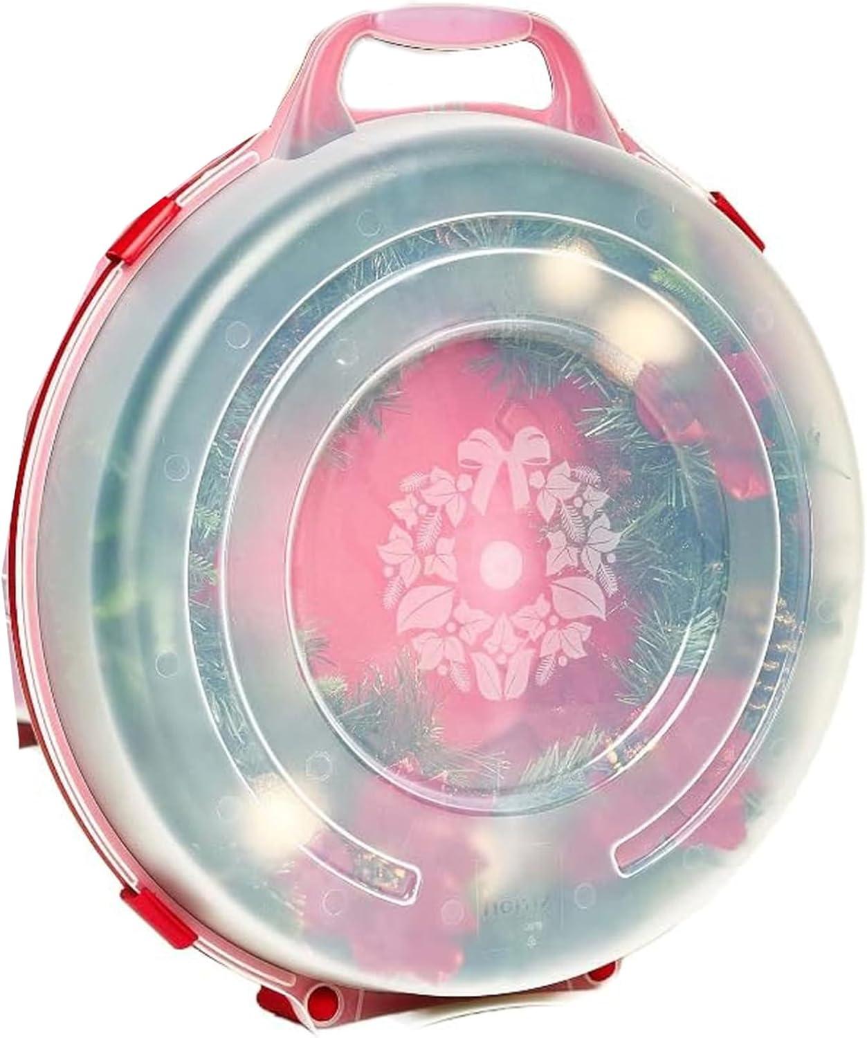 imageHOMZ 3Pack Seasonal Holiday Decorative Wreath Storage Organizer 24 Inch Red ampamp Clear  Round Plastic Christmas Decoration Holder for Wreaths and Garlands w 4Way Latches BuiltIn HandleRed