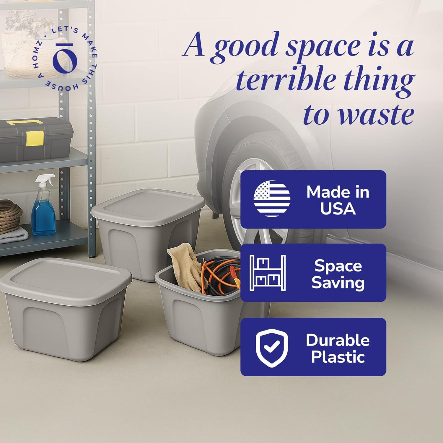 imageHOMZ 4Pack Durable Molded Bin Plastic Storage Containers wLids 10 Gallon Blue  Stackable Organizer Totes and Boxes for Bedroom Kitchen and Garage OrganizationTitanium Silver