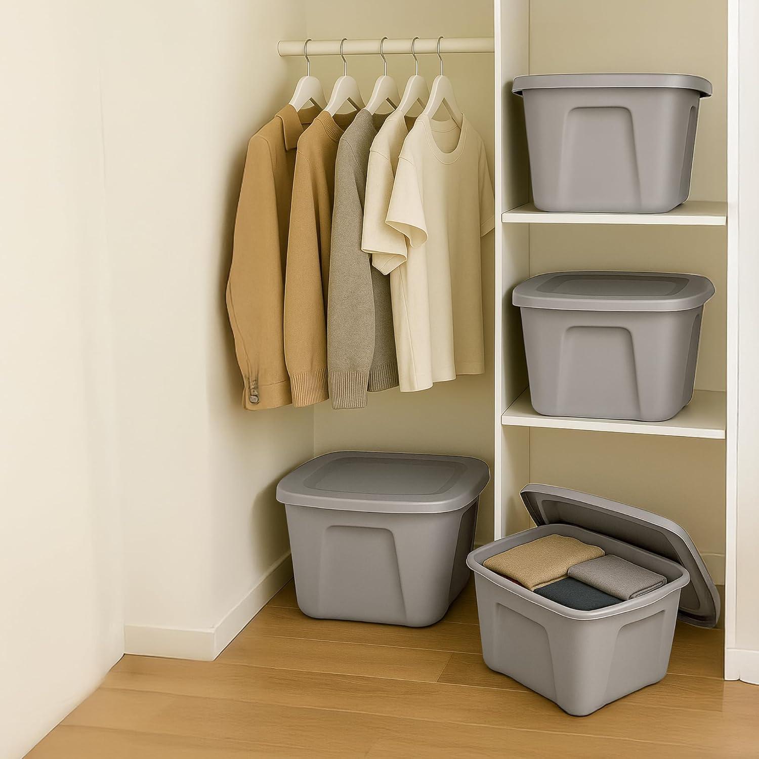imageHOMZ 4Pack Durable Molded Bin Plastic Storage Containers wLids 10 Gallon Blue  Stackable Organizer Totes and Boxes for Bedroom Kitchen and Garage OrganizationTitanium Silver