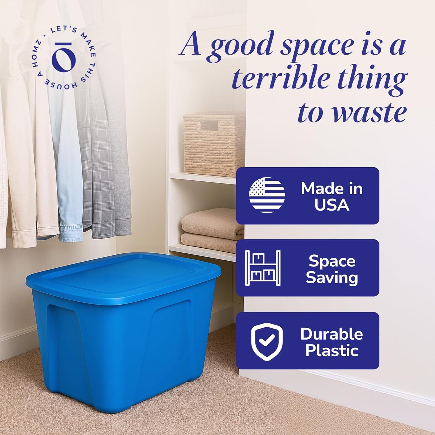 imageHOMZ 4Pack Durable Molded Bin Plastic Storage Containers wLids 10 Gallon Blue  Stackable Organizer Totes and Boxes for Bedroom Kitchen and Garage OrganizationBlue