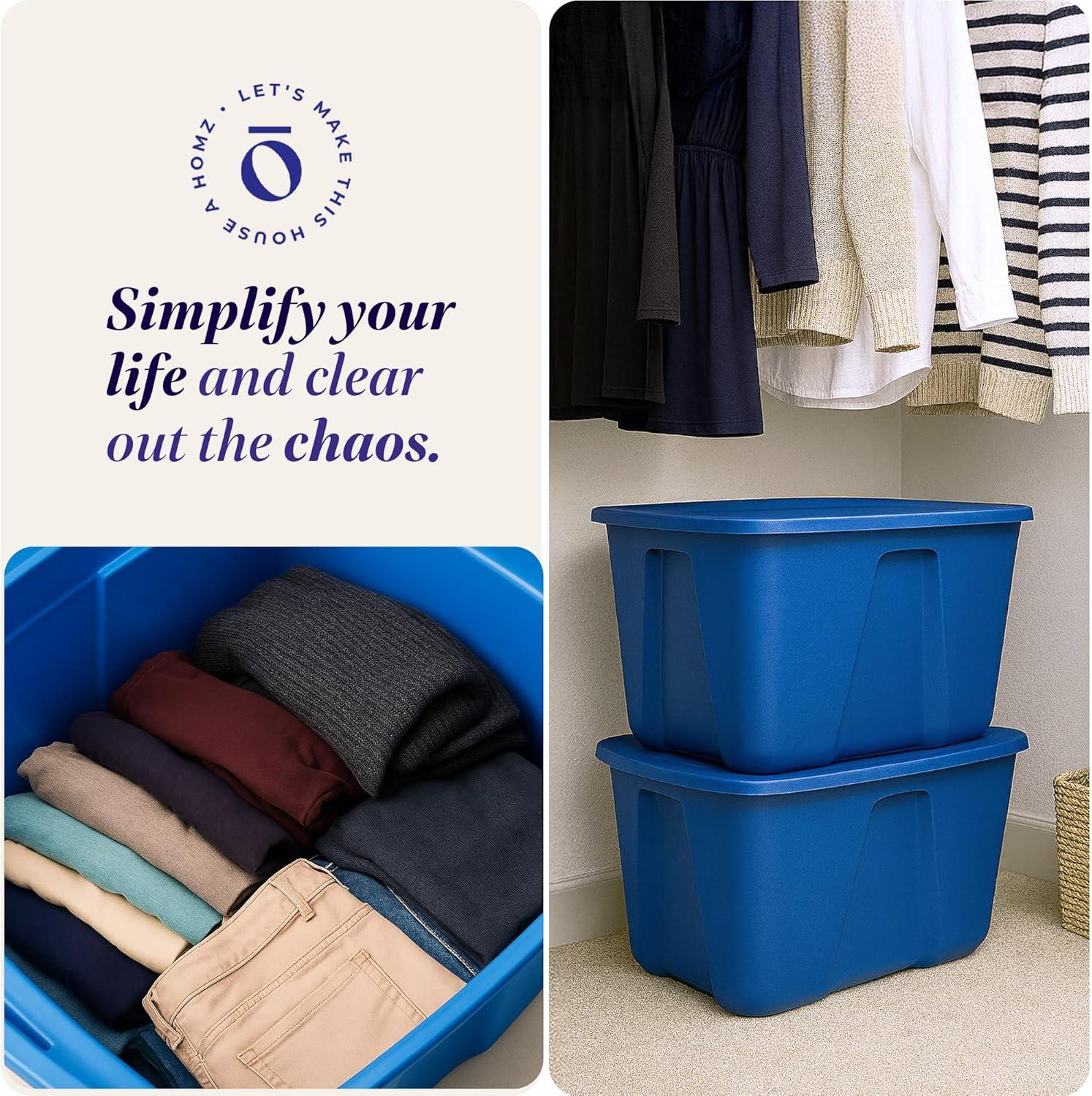 imageHOMZ 4Pack Durable Molded Bin Plastic Storage Containers wLids 10 Gallon Blue  Stackable Organizer Totes and Boxes for Bedroom Kitchen and Garage OrganizationBlue