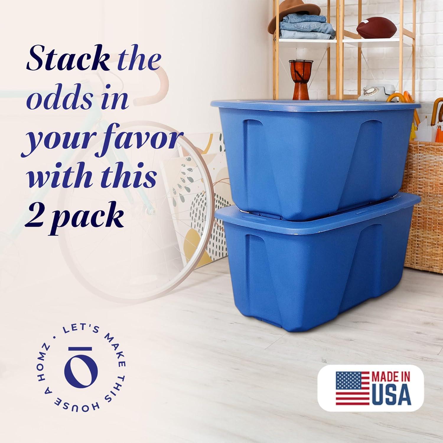imageHOMZ 4Pack Durable Molded Bin Plastic Storage Containers wLids 10 Gallon Blue  Stackable Organizer Totes and Boxes for Bedroom Kitchen and Garage OrganizationBlue