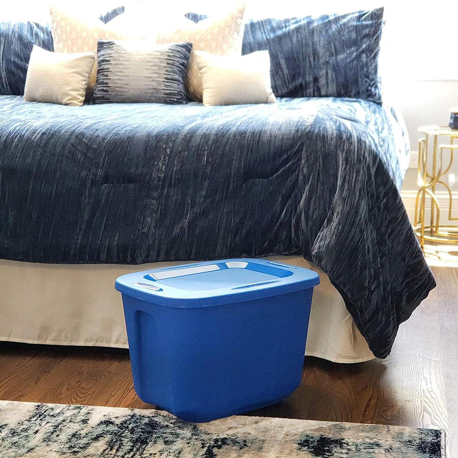 imageHOMZ 4Pack Durable Molded Bin Plastic Storage Containers wLids 10 Gallon Blue  Stackable Organizer Totes and Boxes for Bedroom Kitchen and Garage OrganizationBlue