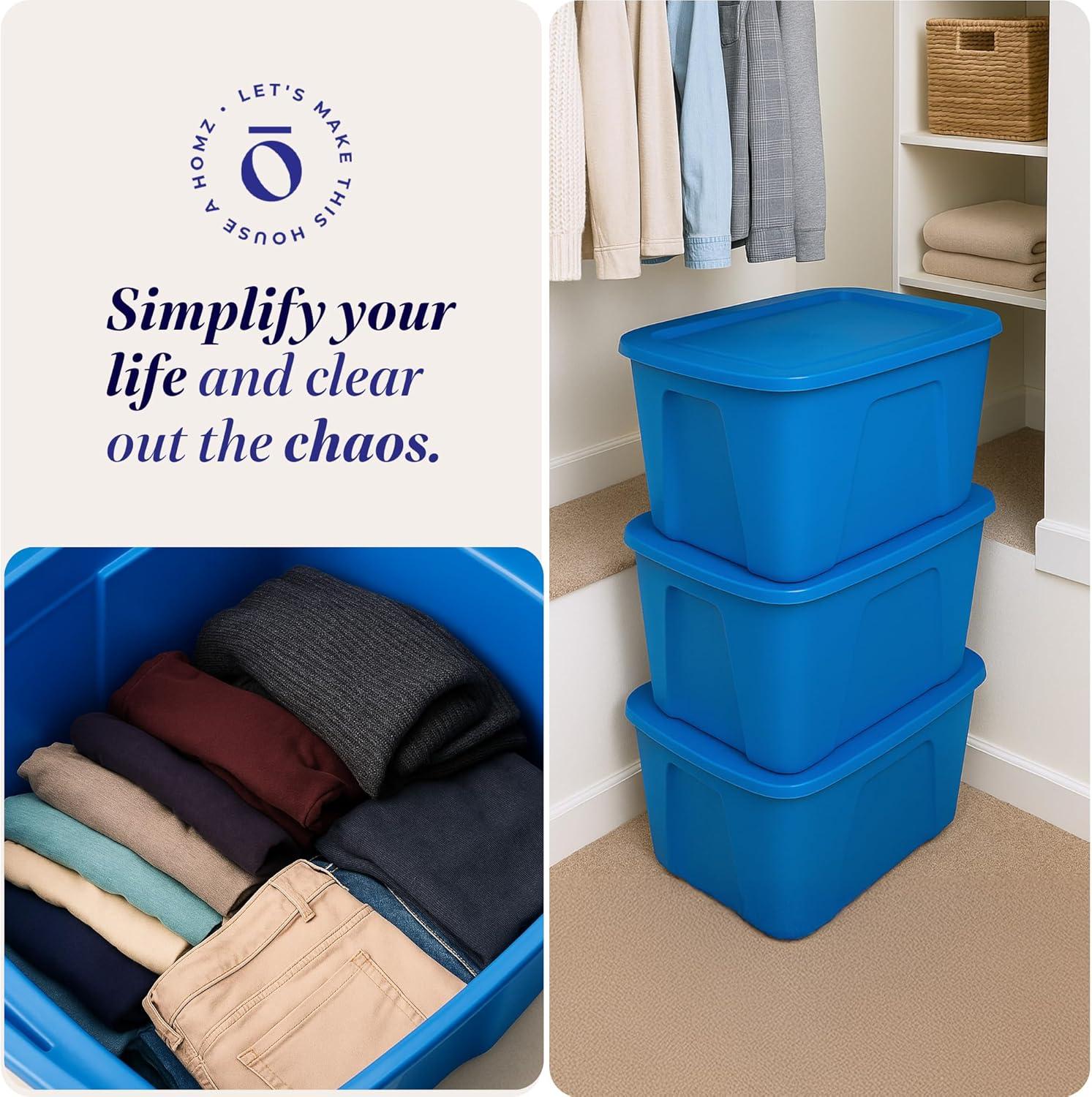 imageHOMZ 4Pack Durable Molded Bin Plastic Storage Containers wLids 10 Gallon Blue  Stackable Organizer Totes and Boxes for Bedroom Kitchen and Garage OrganizationBlue