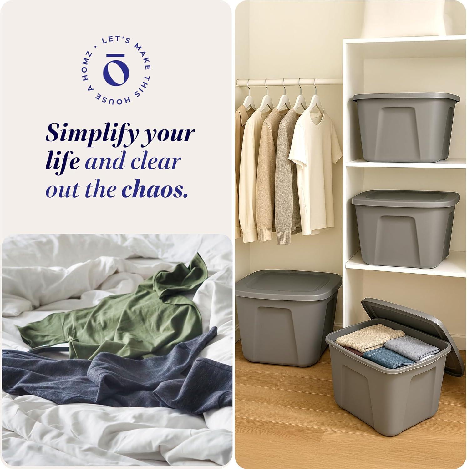 imageHOMZ 4Pack Durable Molded Bin Plastic Storage Containers wLids 10 Gallon Blue  Stackable Organizer Totes and Boxes for Bedroom Kitchen and Garage OrganizationTitanium Silver