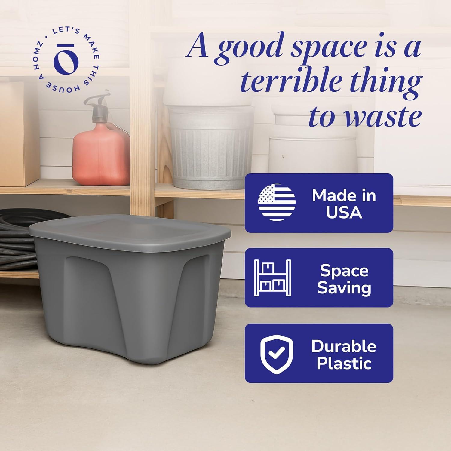 imageHOMZ 4Pack Durable Molded Bin Plastic Storage Containers wLids 10 Gallon Blue  Stackable Organizer Totes and Boxes for Bedroom Kitchen and Garage OrganizationTitanium Silver