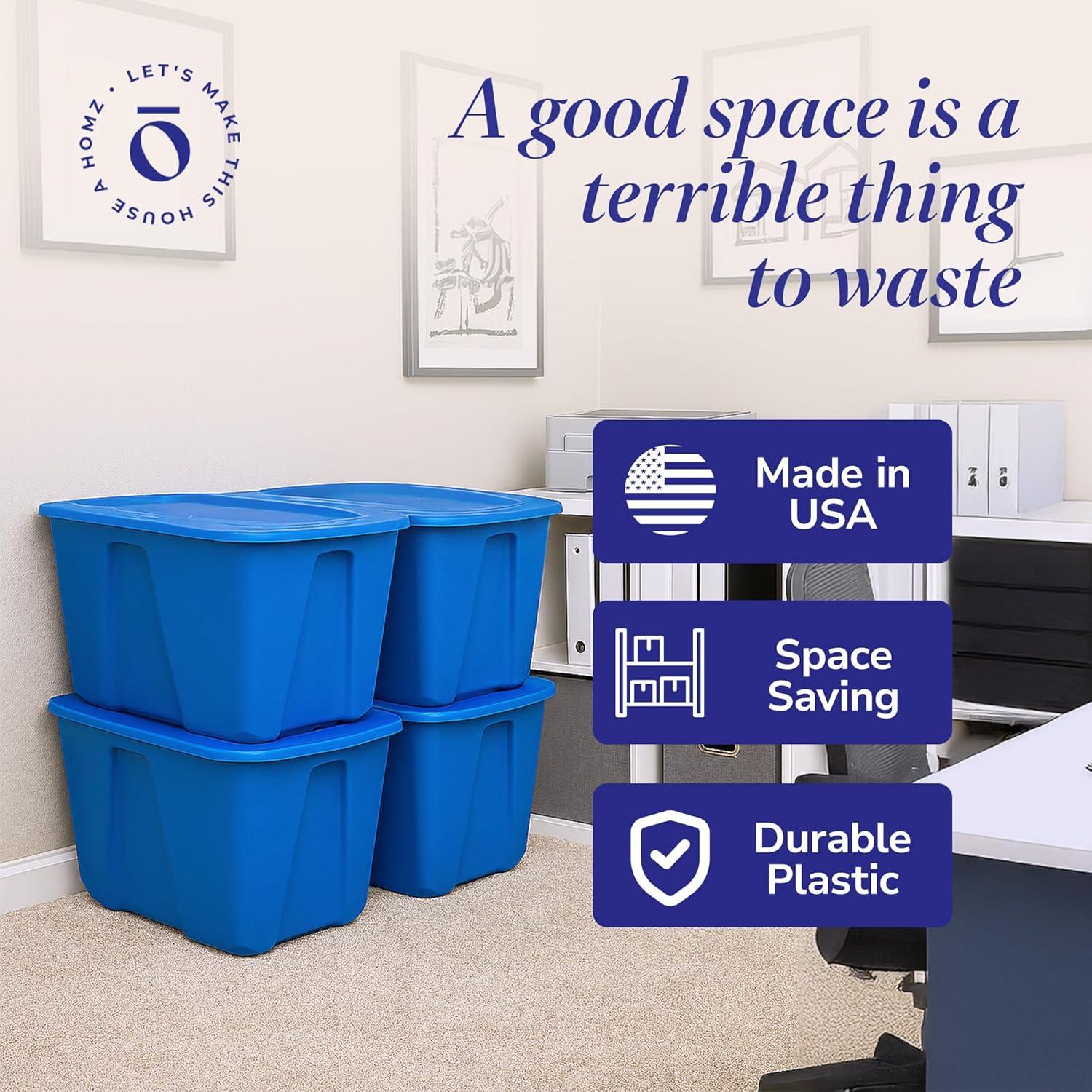 imageHOMZ 4Pack Durable Molded Bin Plastic Storage Containers wLids 10 Gallon Blue  Stackable Organizer Totes and Boxes for Bedroom Kitchen and Garage OrganizationBlue